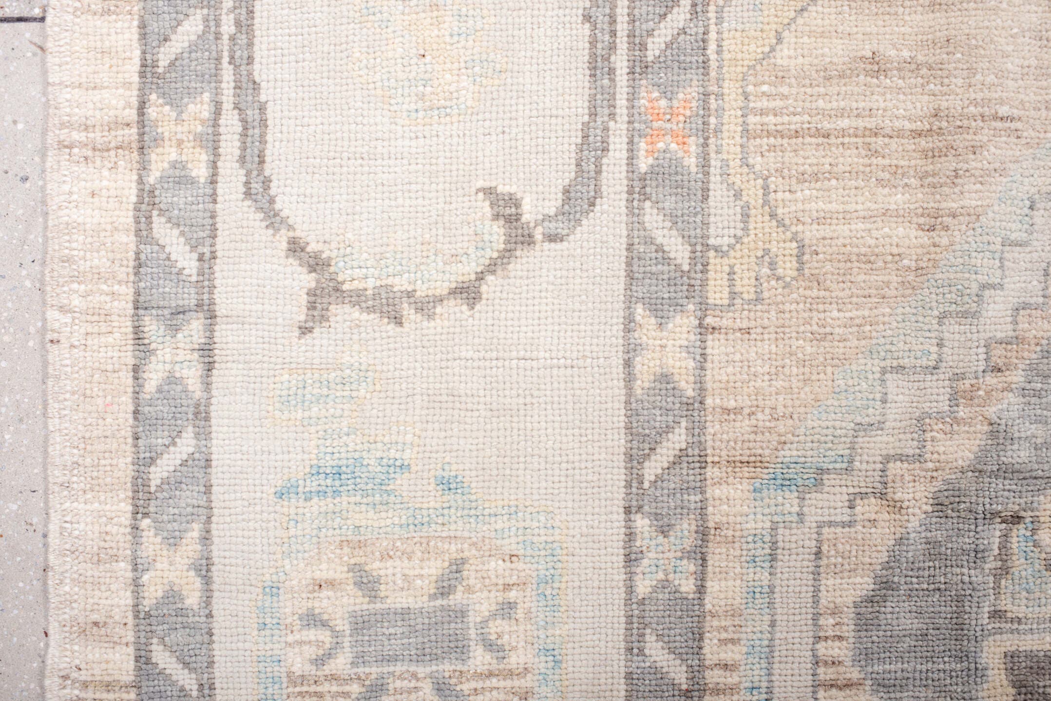 10' x 13' one-of-a-kind handmade vintage Oushak large size rug. Color palette: taupe, ivory, slate, sky blue, coral, beige