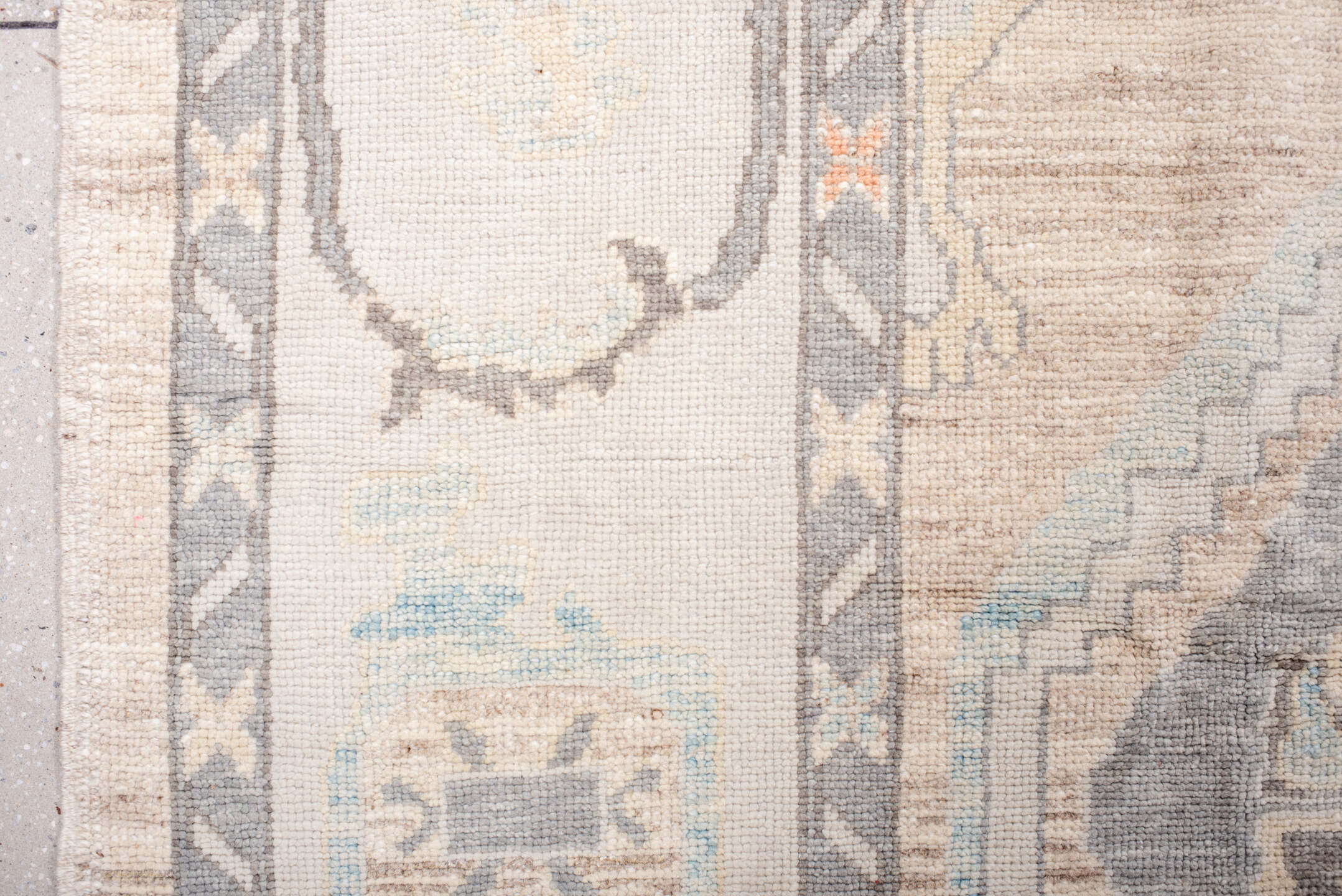 10' x 13' one-of-a-kind handmade vintage Oushak large size rug. Color palette: taupe, ivory, slate, sky blue, coral, beige