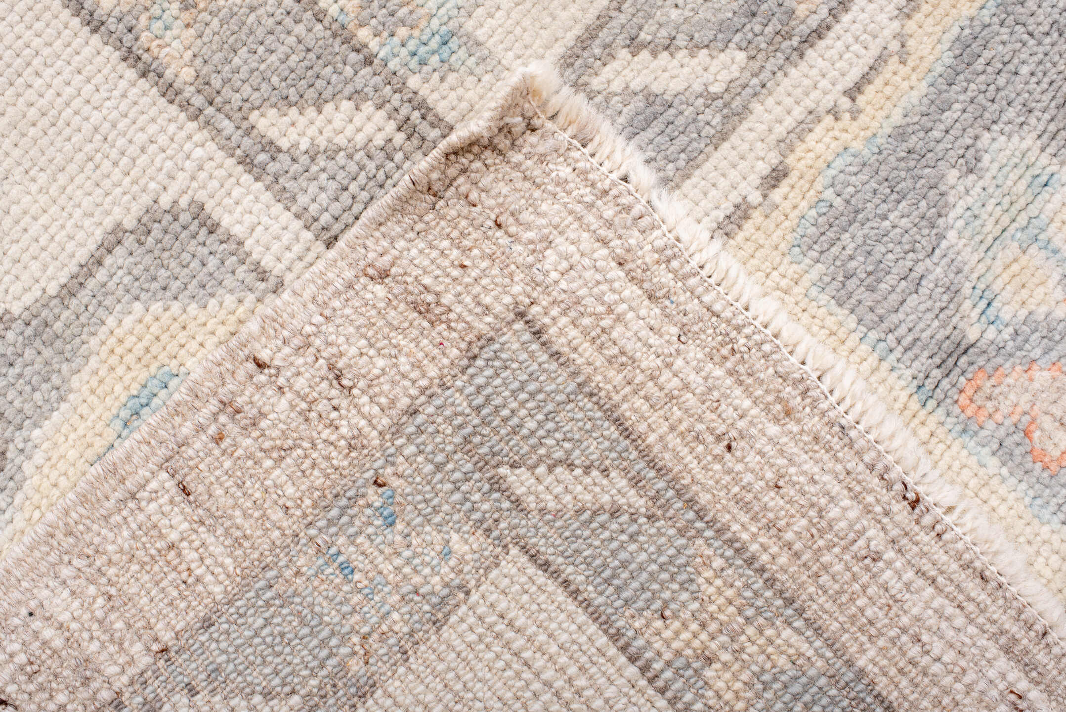 10' x 13' one-of-a-kind handmade vintage Oushak large size rug. Color palette: taupe, ivory, slate, sky blue, coral, beige