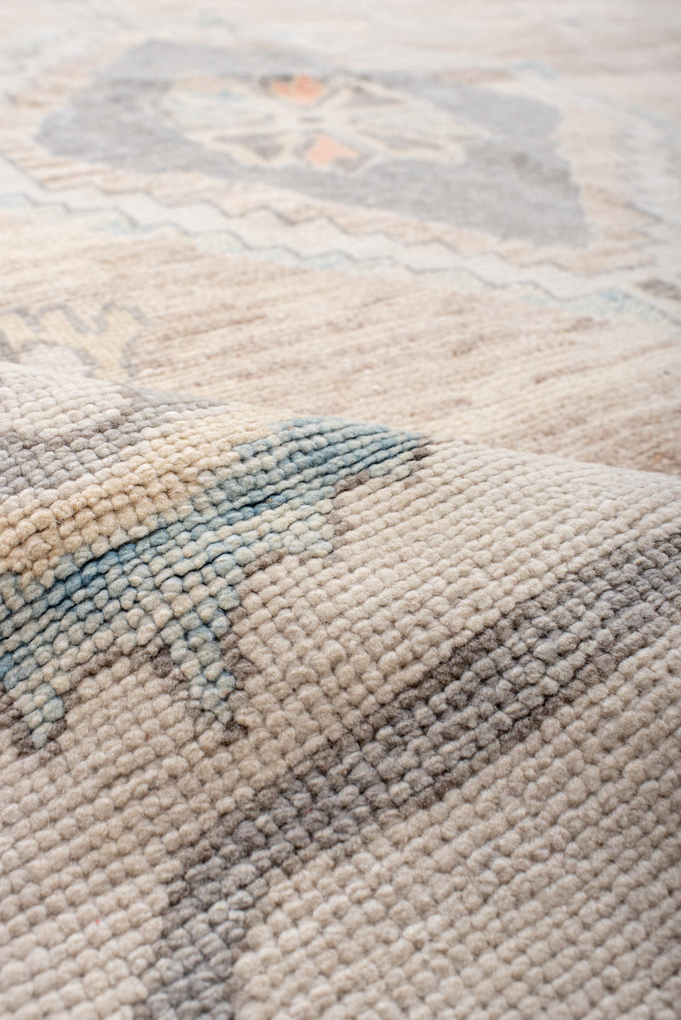 10' x 13' one-of-a-kind handmade vintage Oushak large size rug. Color palette: taupe, ivory, slate, sky blue, coral, beige
