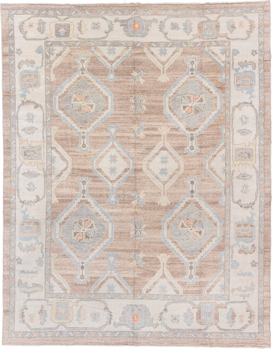 12' x 15' one-of-a-kind handmade vintage Oushak oversize rug. Color palette: taupe, ivory, powder_blue, gray, peach, beige