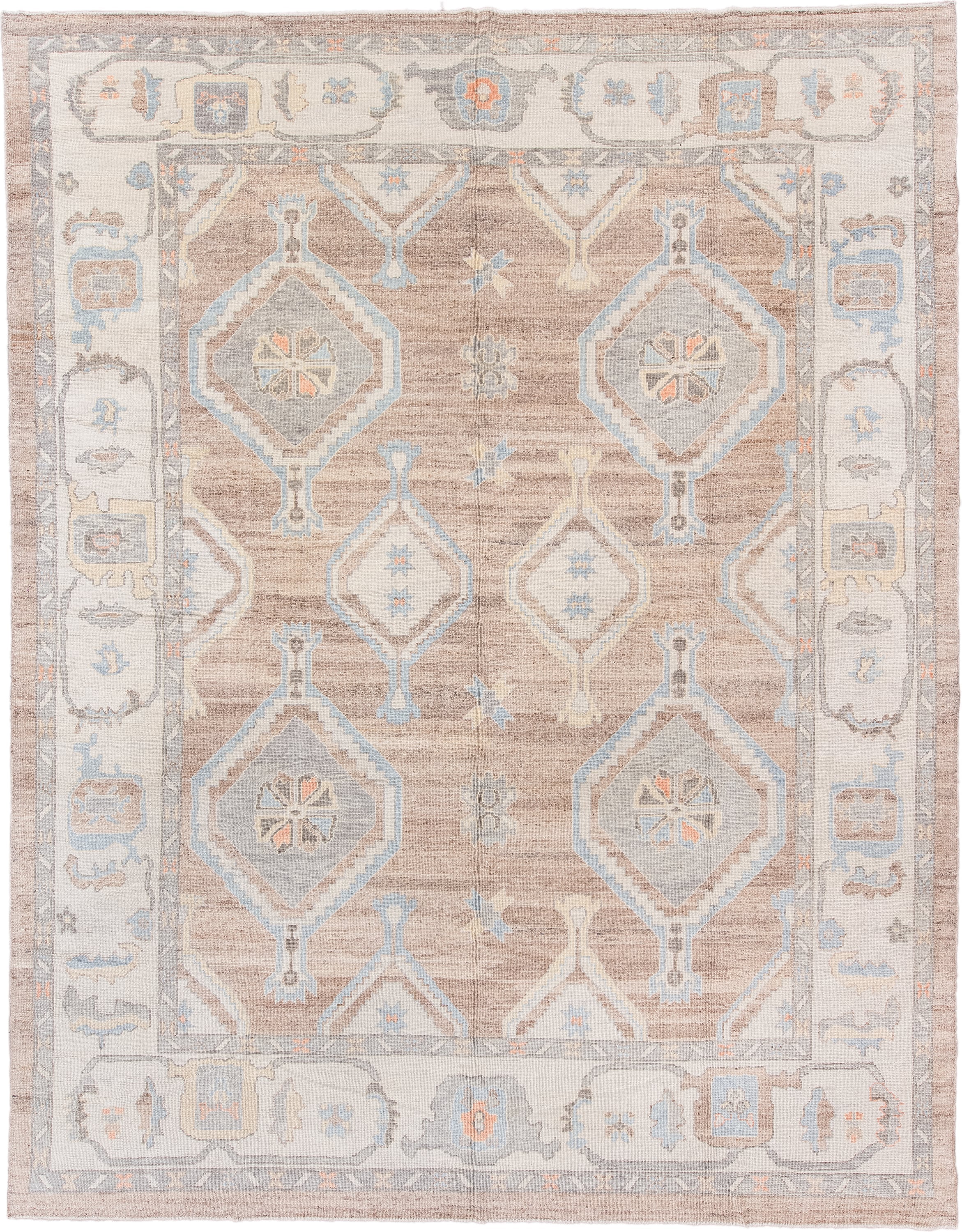 12' x 15' one-of-a-kind handmade vintage Oushak oversize rug. Color palette: taupe, ivory, powder_blue, gray, peach, beige