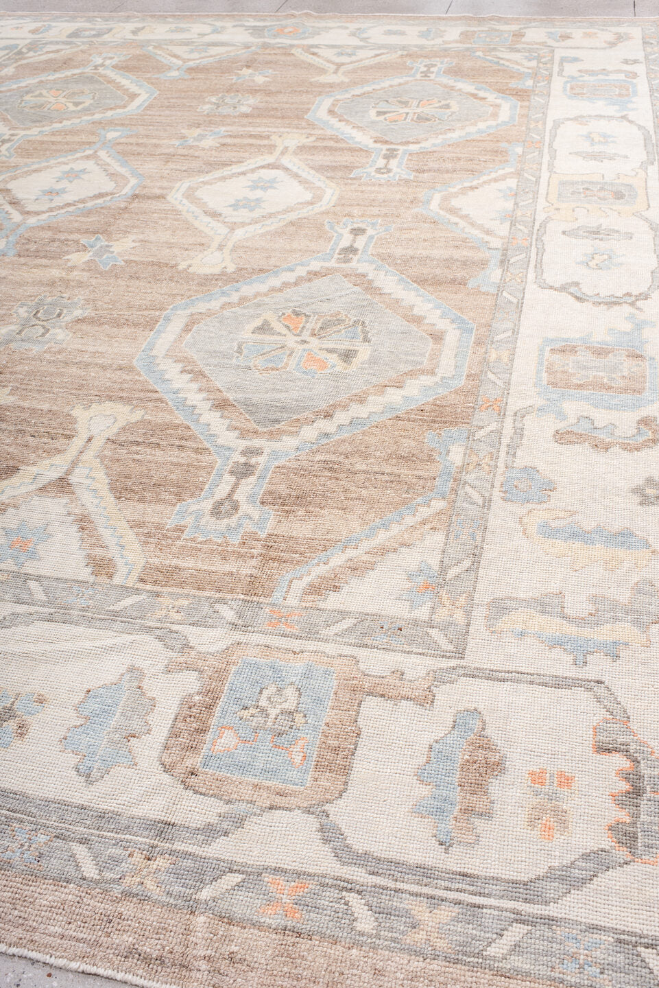 12' x 15' one-of-a-kind handmade vintage Oushak oversize rug. Color palette: taupe, ivory, powder_blue, gray, peach, beige