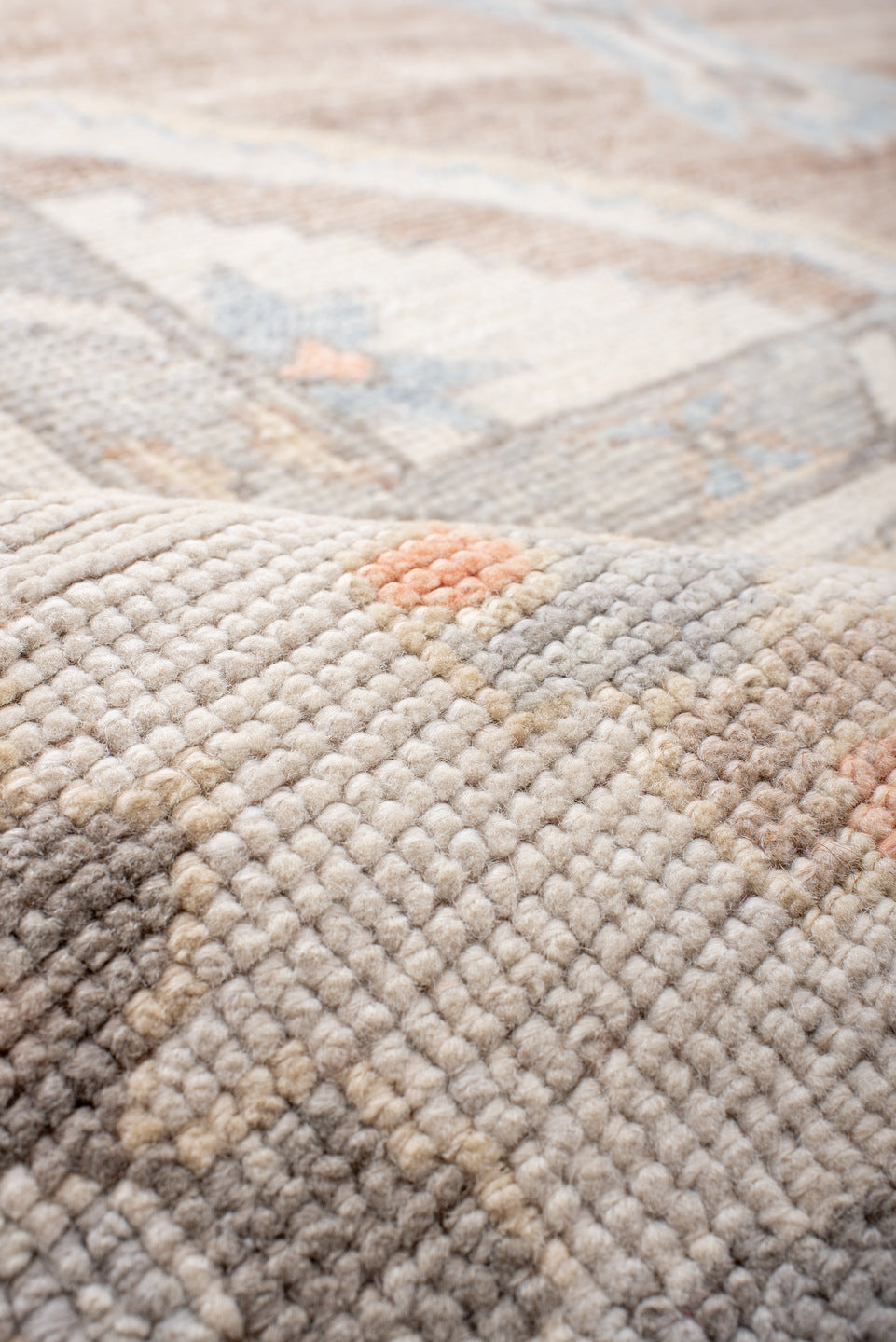 12' x 15' one-of-a-kind handmade vintage Oushak oversize rug. Color palette: taupe, ivory, powder_blue, gray, peach, beige