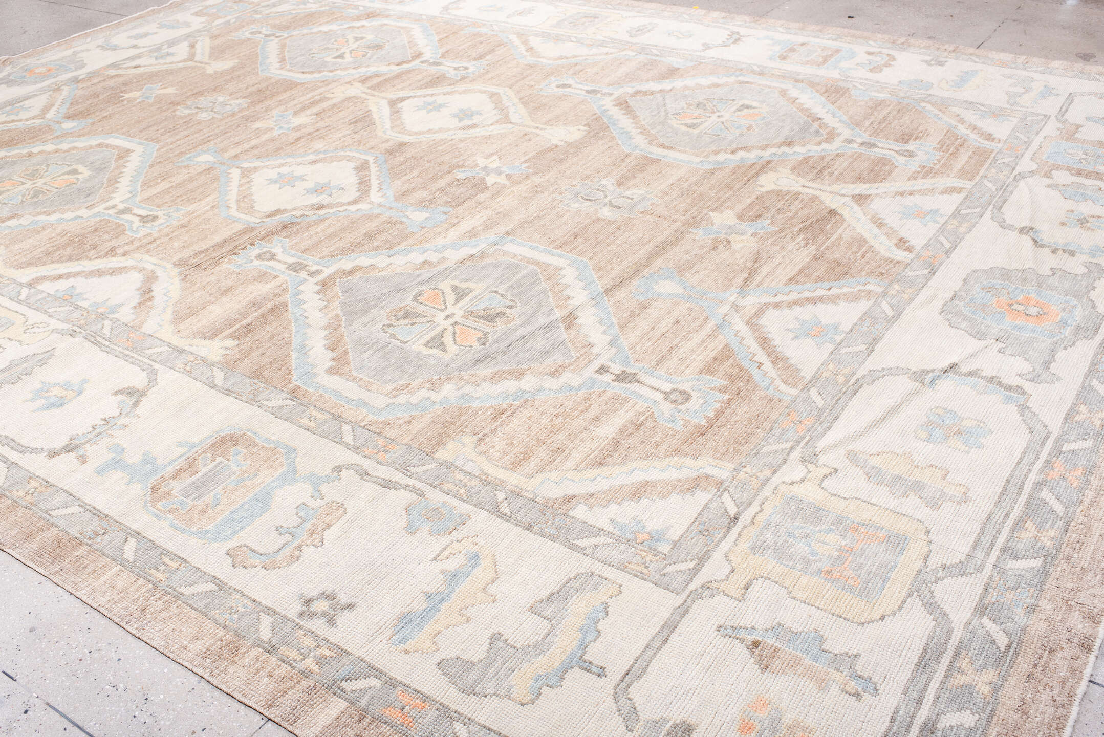 12' x 15' one-of-a-kind handmade vintage Oushak oversize rug. Color palette: taupe, ivory, powder_blue, gray, peach, beige