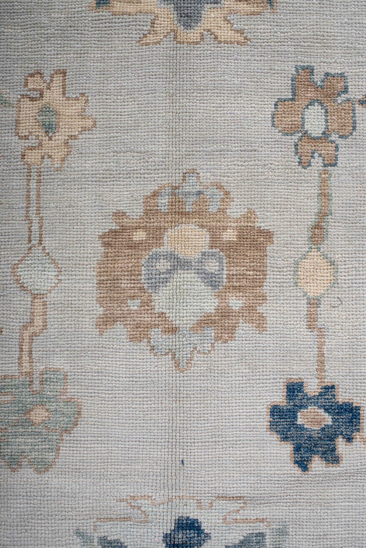 9' x 11' one-of-a-kind handmade vintage Oushak large size rug. Color palette: ivory, slate, peach, sage, navy, cream, taupe
