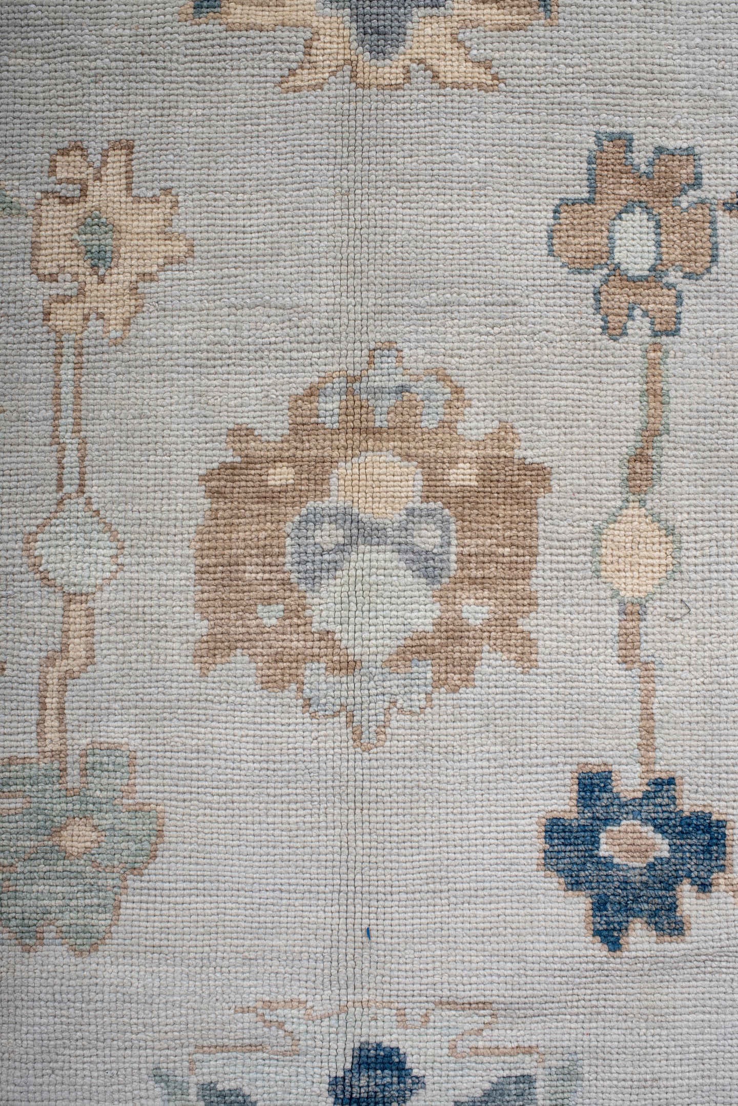 9' x 11' one-of-a-kind handmade vintage Oushak large size rug. Color palette: ivory, slate, peach, sage, navy, cream, taupe