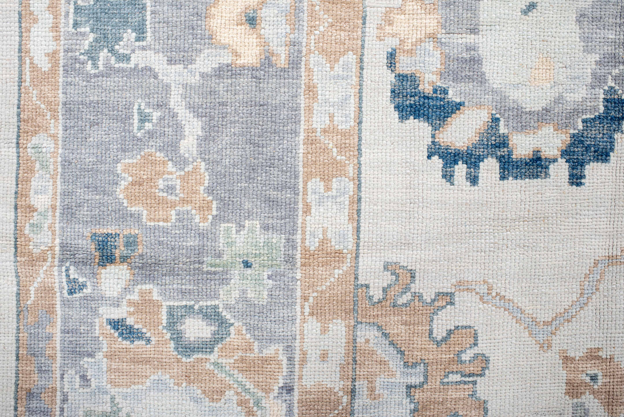 9' x 11' one-of-a-kind handmade vintage Oushak large size rug. Color palette: ivory, slate, peach, sage, navy, cream, taupe
