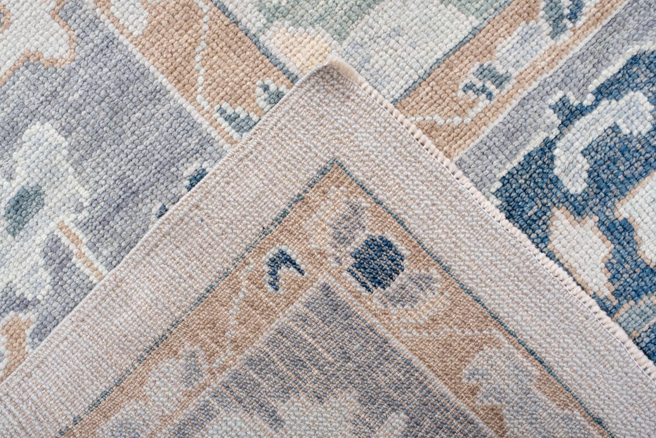 9' x 11' one-of-a-kind handmade vintage Oushak large size rug. Color palette: ivory, slate, peach, sage, navy, cream, taupe