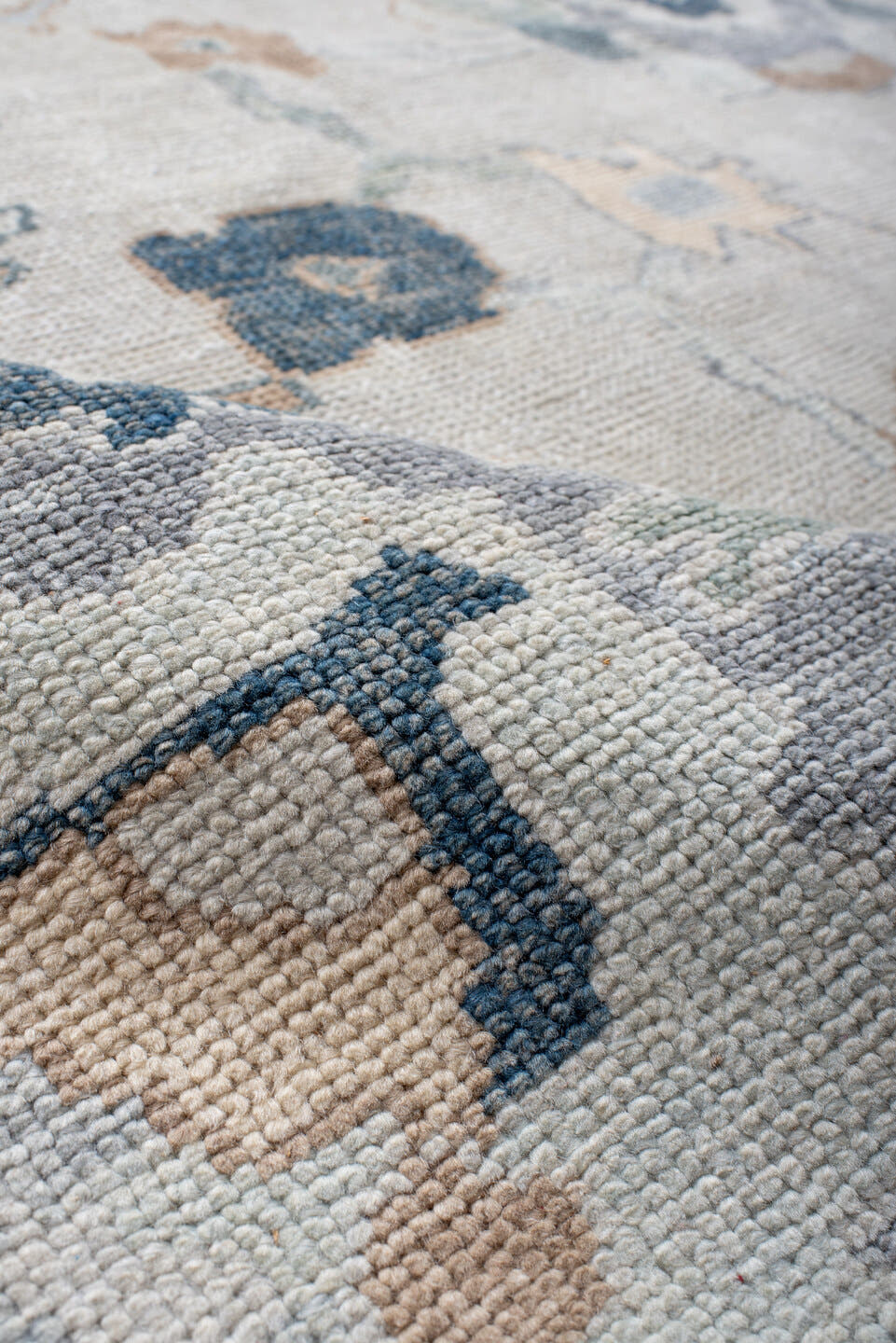 9' x 11' one-of-a-kind handmade vintage Oushak large size rug. Color palette: ivory, slate, peach, sage, navy, cream, taupe