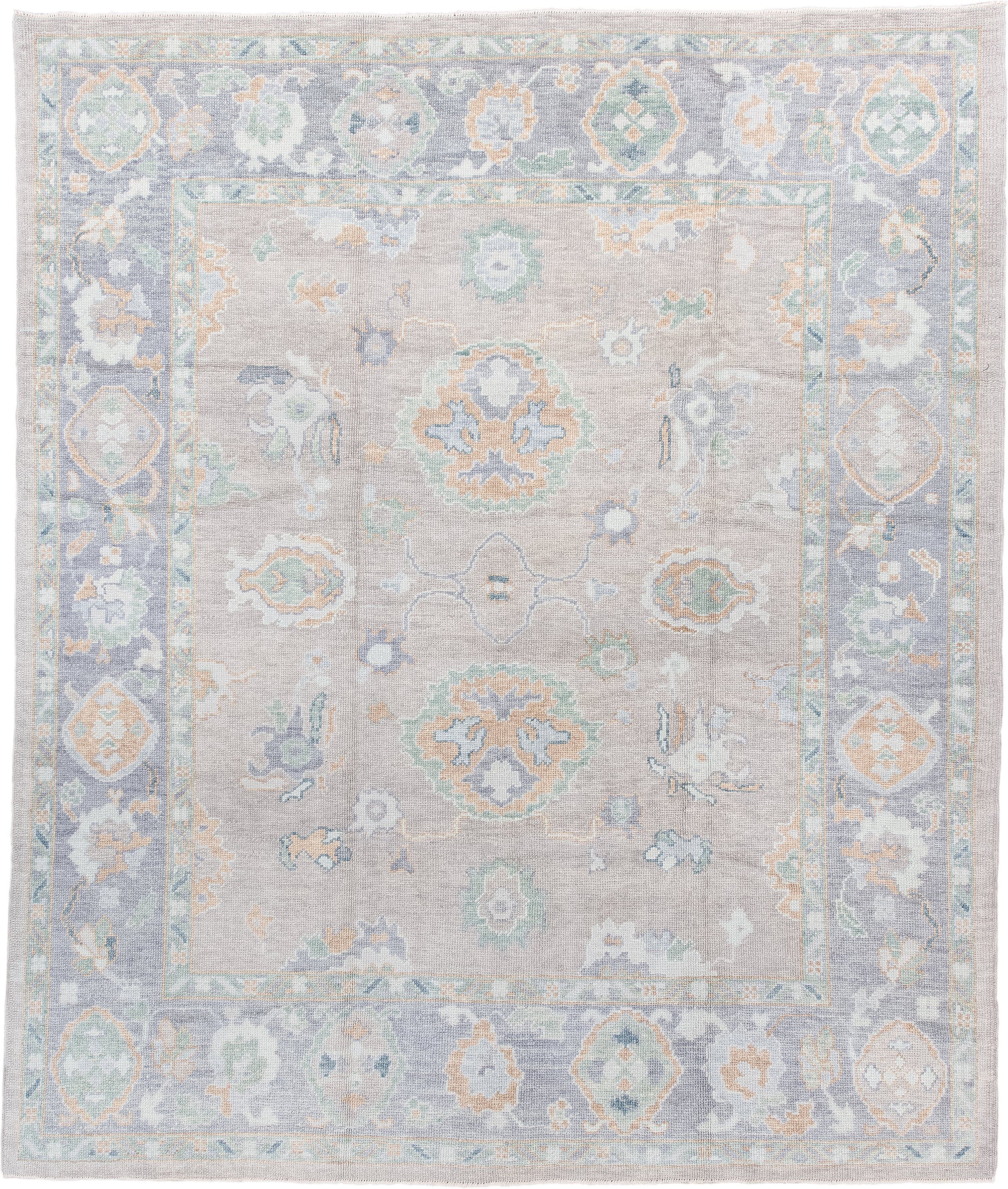 8' x 9' one-of-a-kind handmade vintage Oushak rug. Color palette: taupe, pale blue, ivory, sage, soft gold, peach, slate