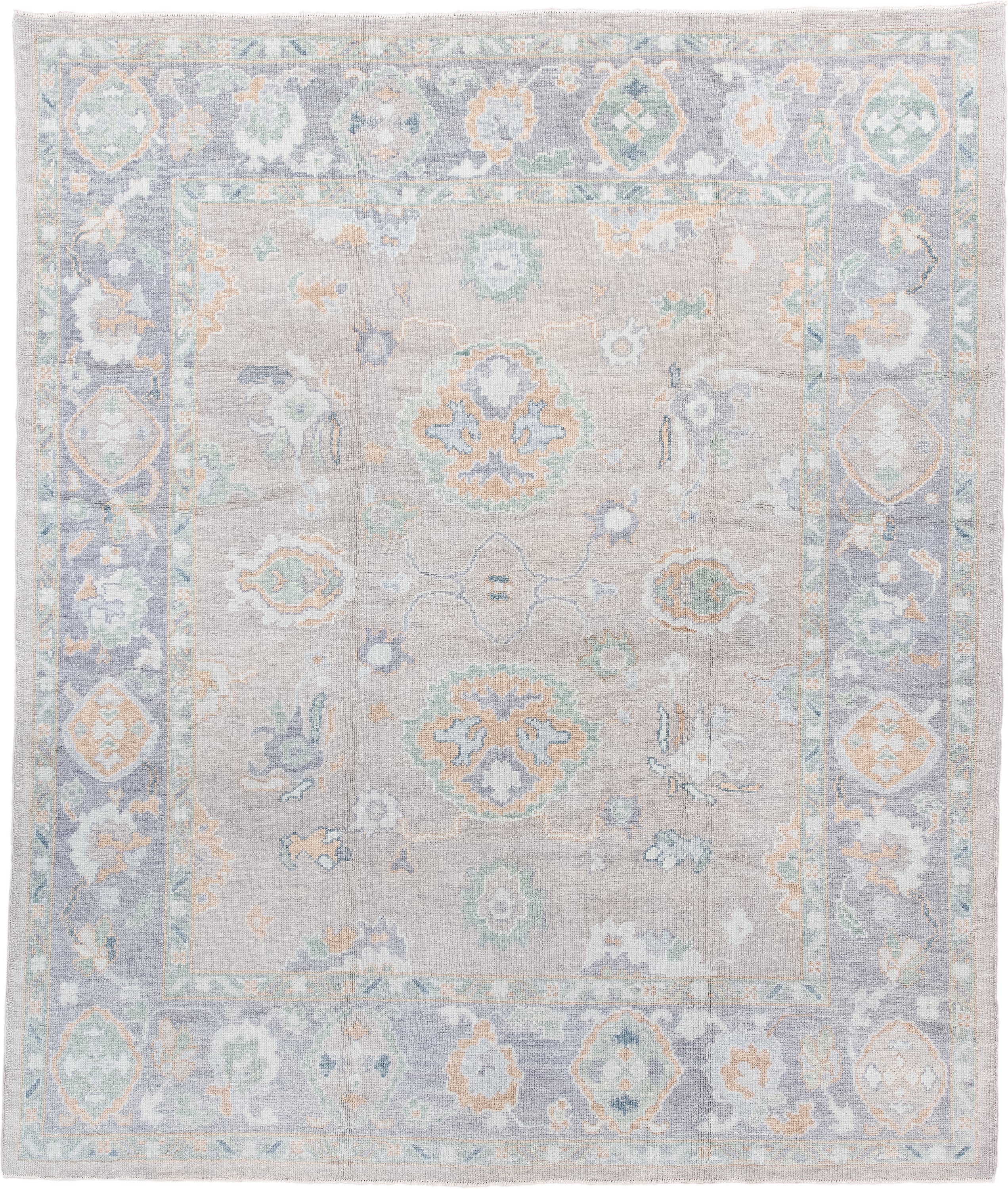 8' x 9' one-of-a-kind handmade vintage Oushak rug. Color palette: taupe, pale blue, ivory, sage, soft gold, peach, slate