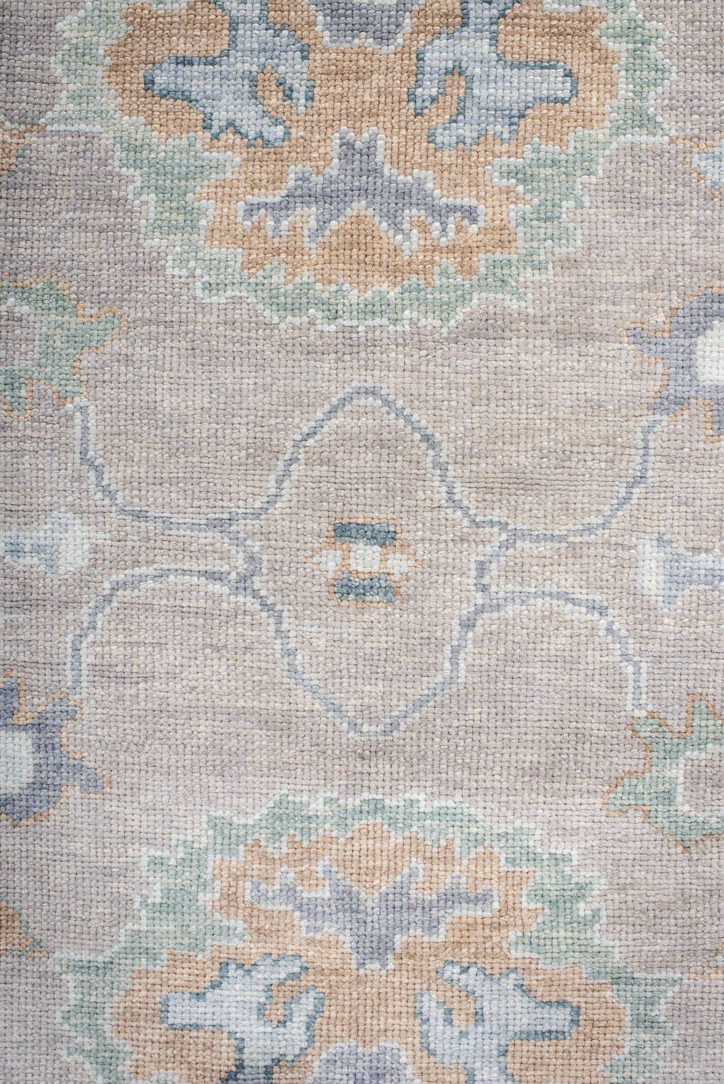 8' x 9' one-of-a-kind handmade vintage Oushak rug. Color palette: taupe, pale blue, ivory, sage, soft gold, peach, slate