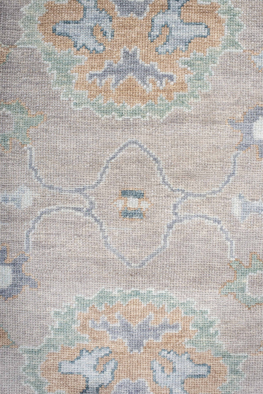 8' x 9' one-of-a-kind handmade vintage Oushak rug. Color palette: taupe, pale blue, ivory, sage, soft gold, peach, slate