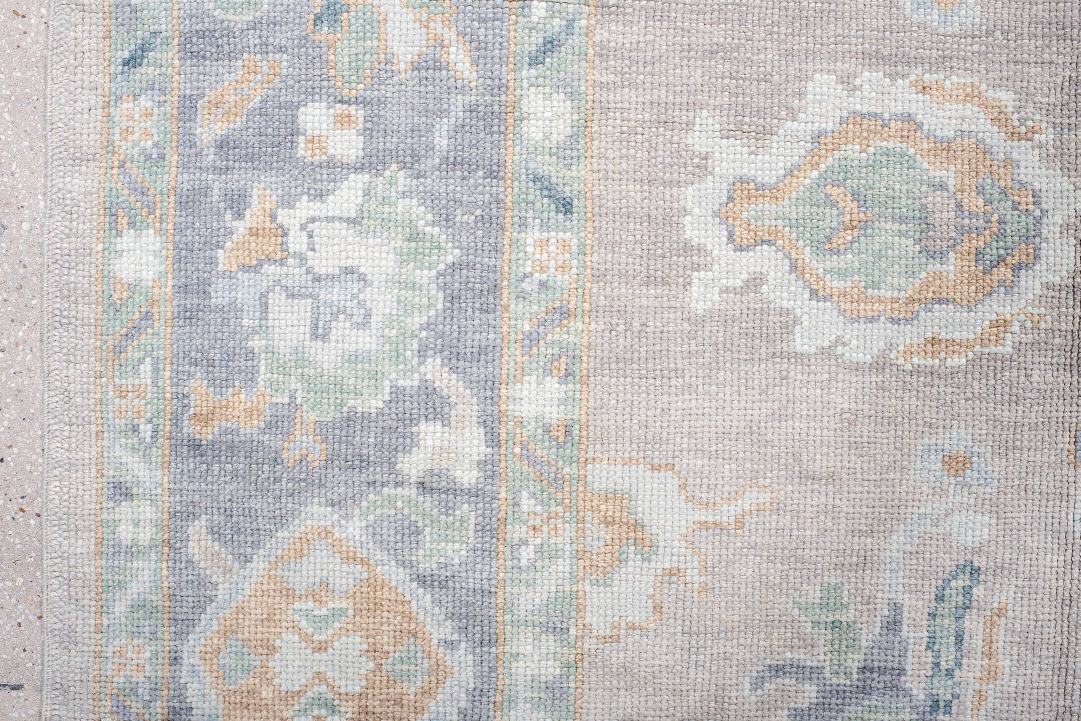 8' x 9' one-of-a-kind handmade vintage Oushak rug. Color palette: taupe, pale blue, ivory, sage, soft gold, peach, slate