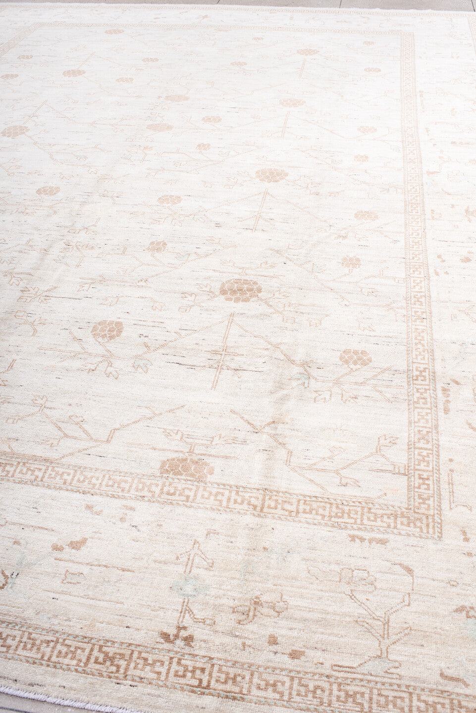 12' x 16' one-of-a-kind handmade vintage Khotan oversize rug. Color palette: brown, dark gray, gainsboro, gray, light gray