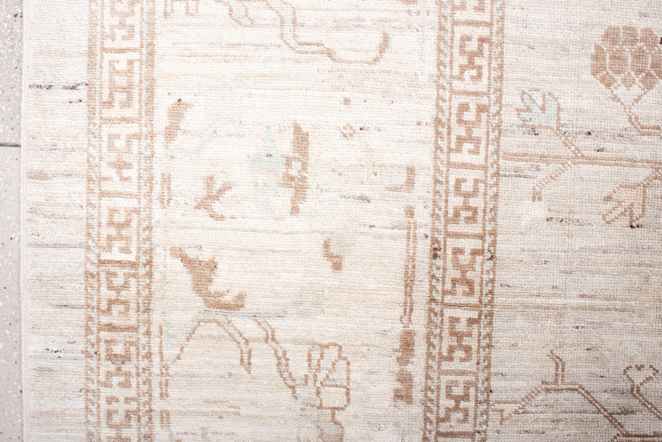 12' x 16' one-of-a-kind handmade vintage Khotan oversize rug. Color palette: brown, dark gray, gainsboro, gray, light gray