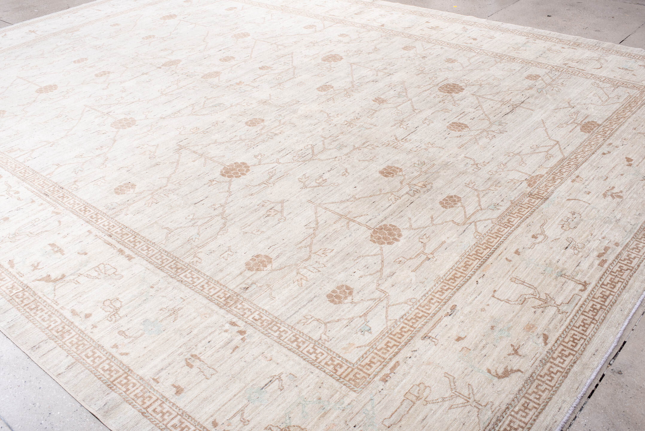 12' x 16' one-of-a-kind handmade vintage Khotan oversize rug. Color palette: brown, dark gray, gainsboro, gray, light gray