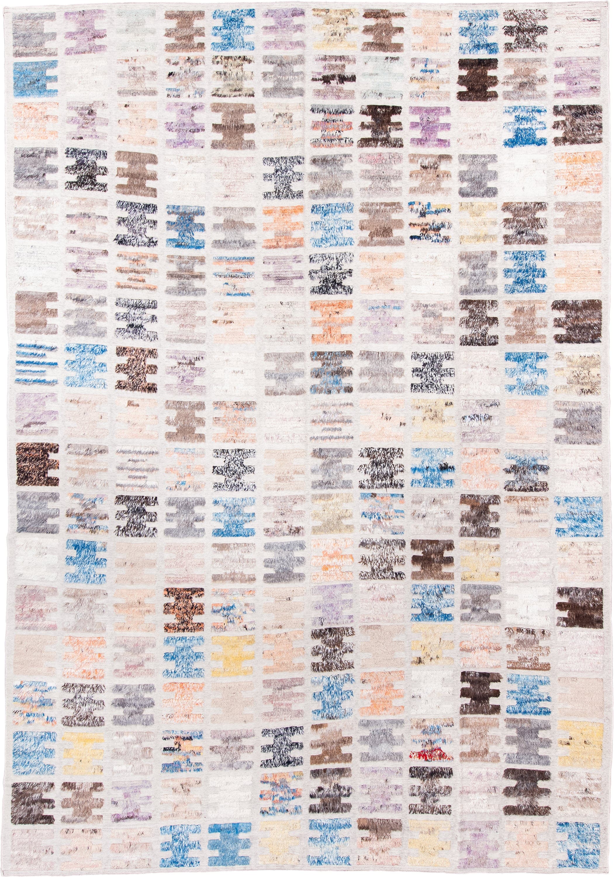 10' x 14' one-of-a-kind handmade vintage Tulu large size rug. Color palette: ivory, taupe, sky blue, charcoal, brown, peach
