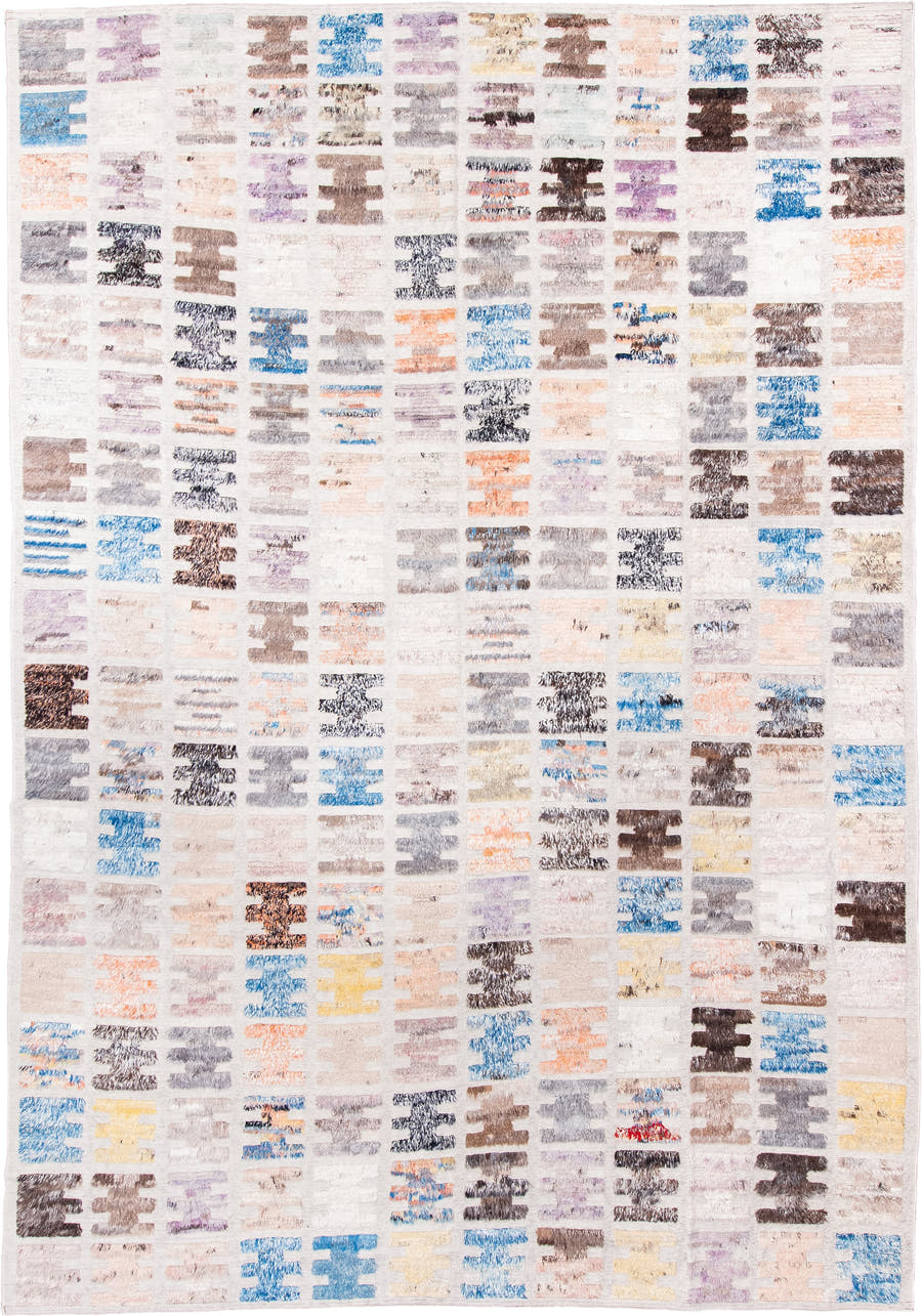 10' x 14' one-of-a-kind handmade vintage Tulu large size rug. Color palette: ivory, taupe, sky blue, charcoal, brown, peach