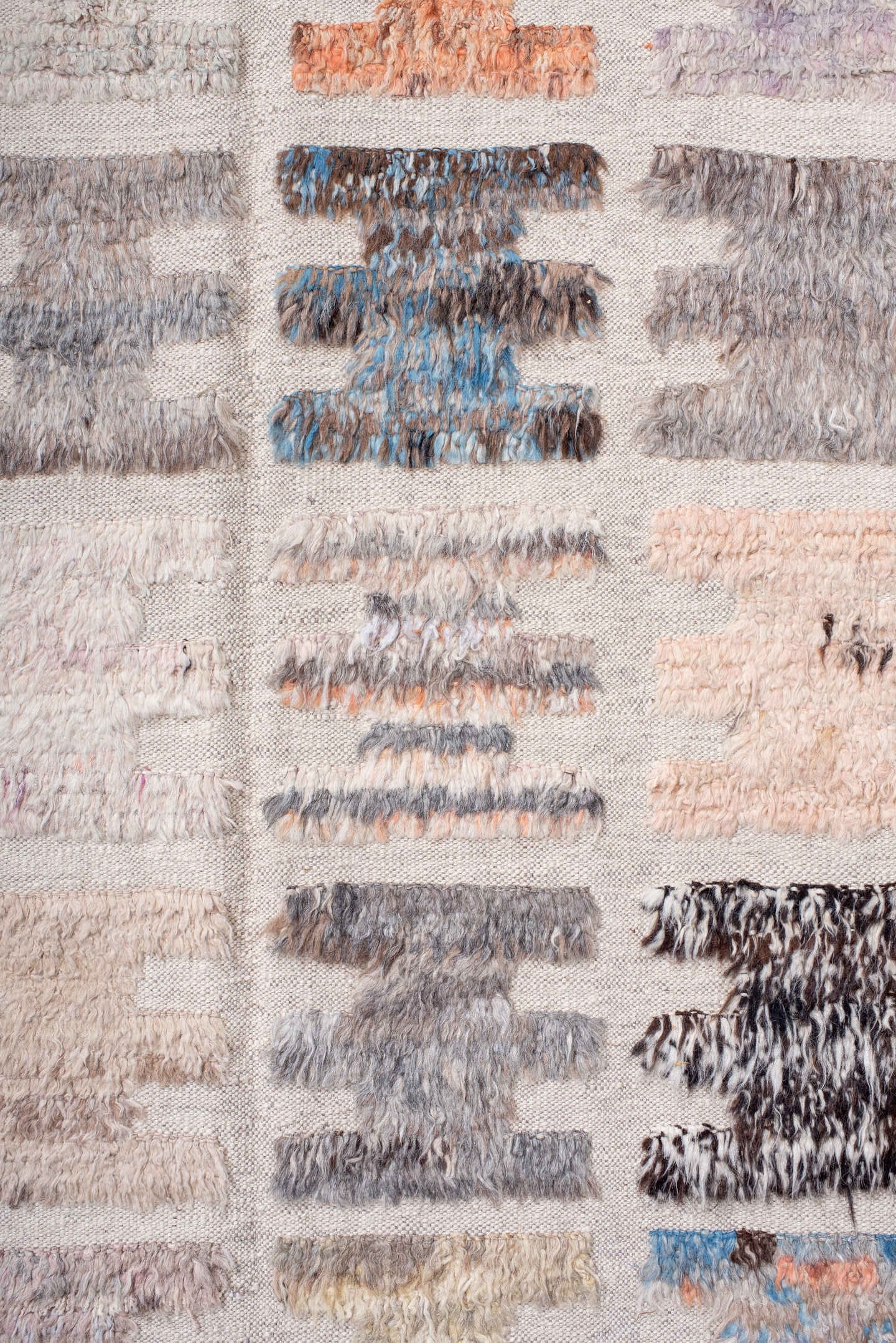 10' x 14' one-of-a-kind handmade vintage Tulu large size rug. Color palette: ivory, taupe, sky blue, charcoal, brown, peach