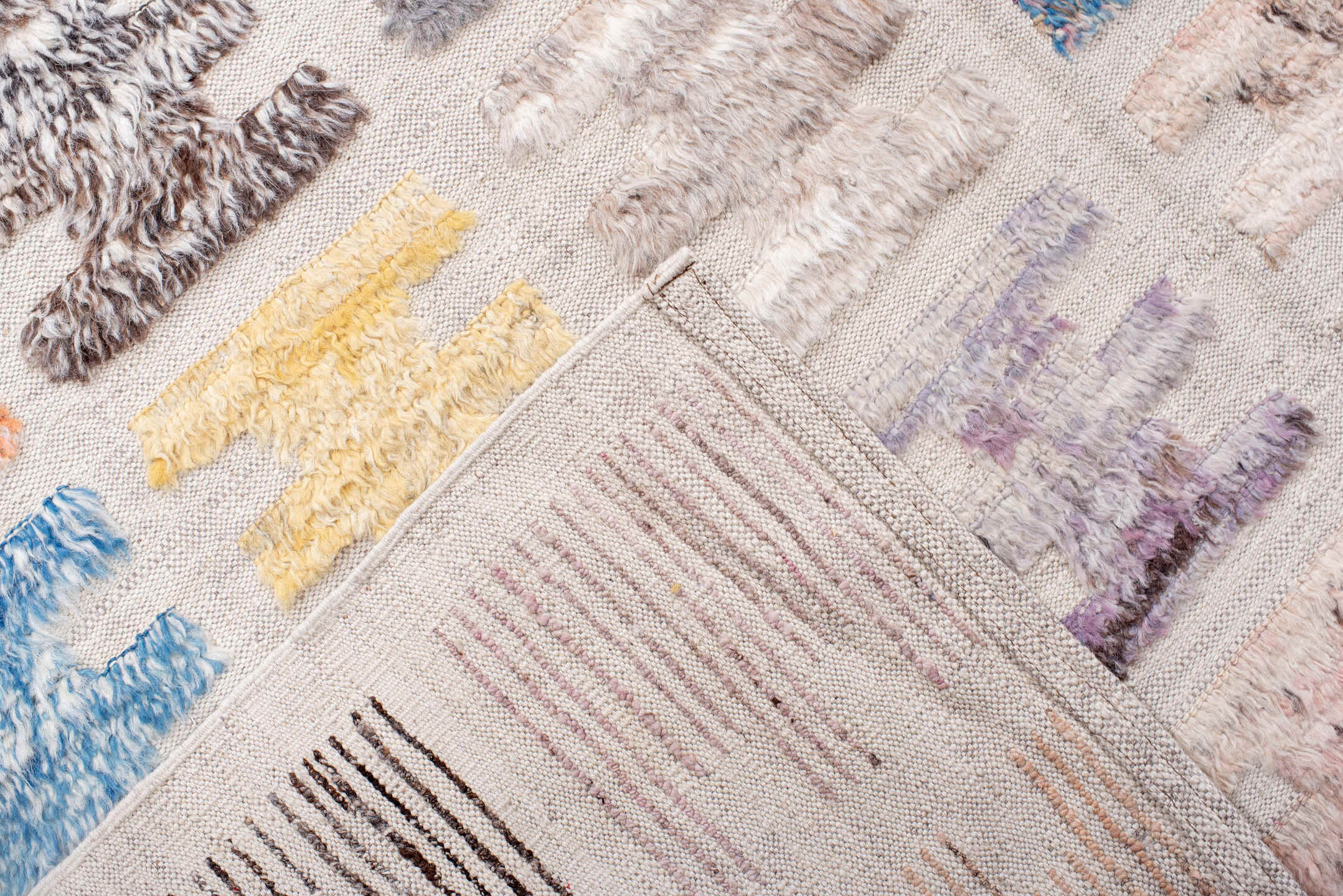 10' x 14' one-of-a-kind handmade vintage Tulu large size rug. Color palette: ivory, taupe, sky blue, charcoal, brown, peach