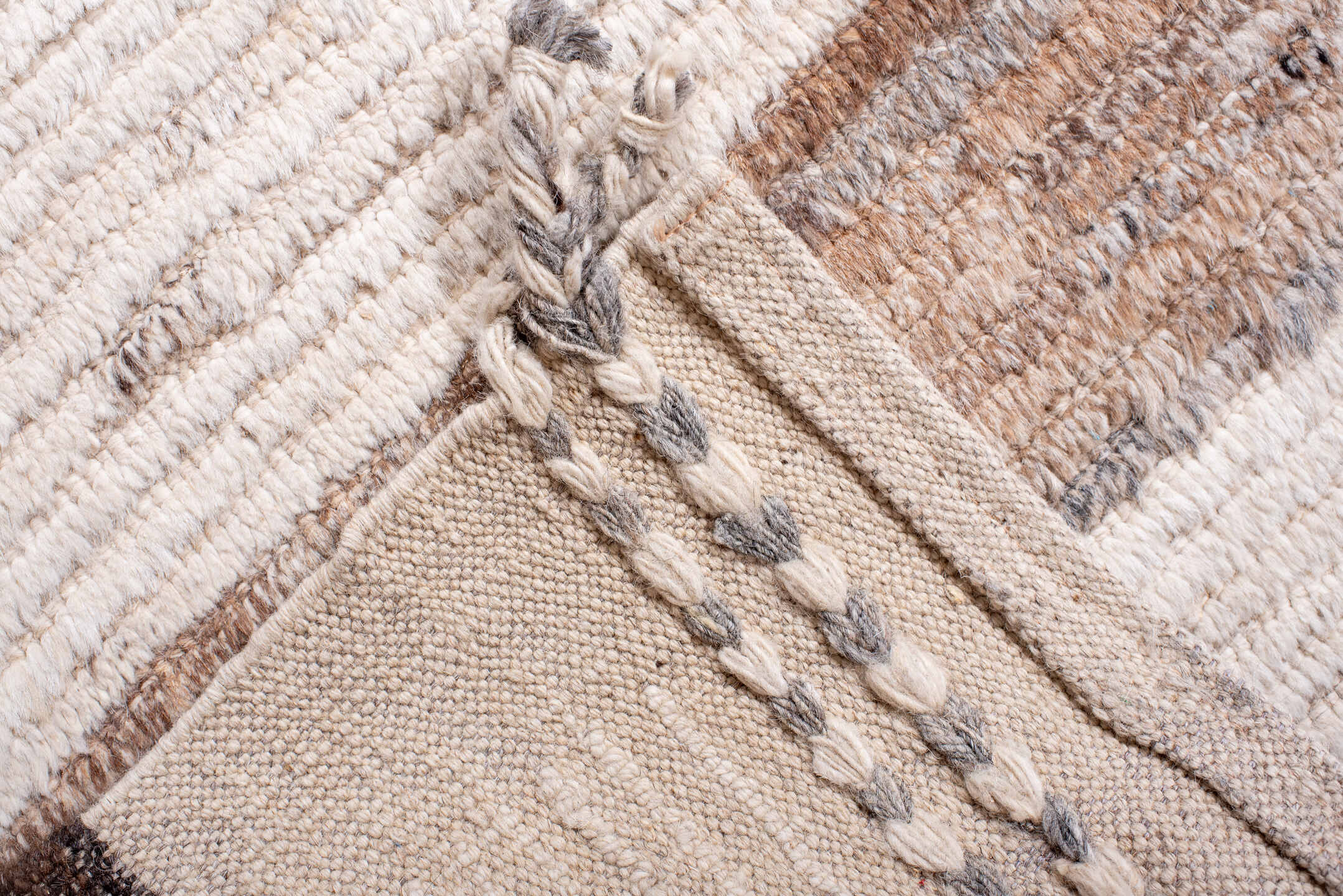 10' x 14' one-of-a-kind handmade vintage Tulu large size rug. Color palette: ivory, taupe, gray, brown, greige, beige