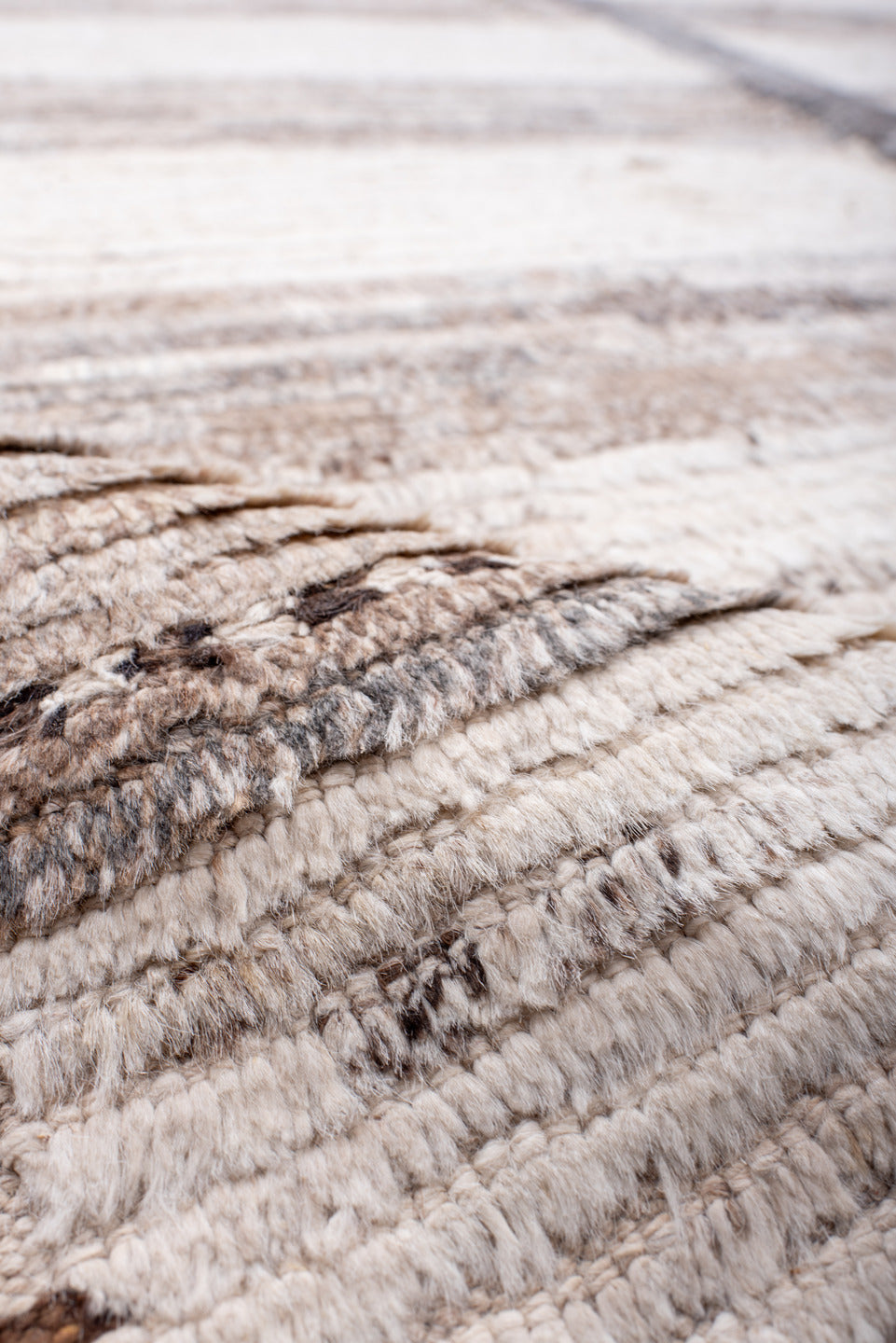 10' x 14' one-of-a-kind handmade vintage Tulu large size rug. Color palette: ivory, taupe, gray, brown, greige, beige