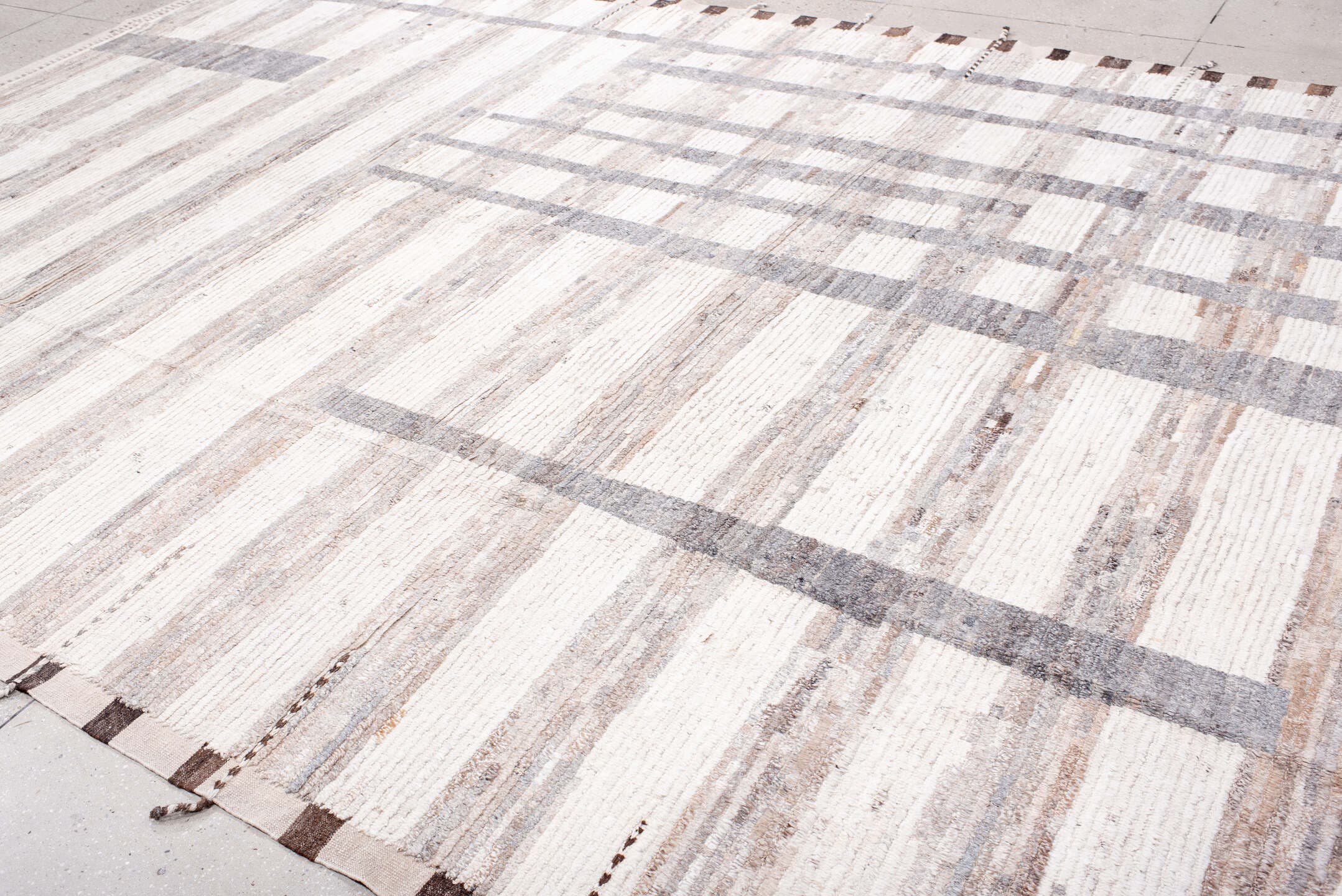 10' x 14' one-of-a-kind handmade vintage Tulu large size rug. Color palette: ivory, taupe, gray, brown, greige, beige