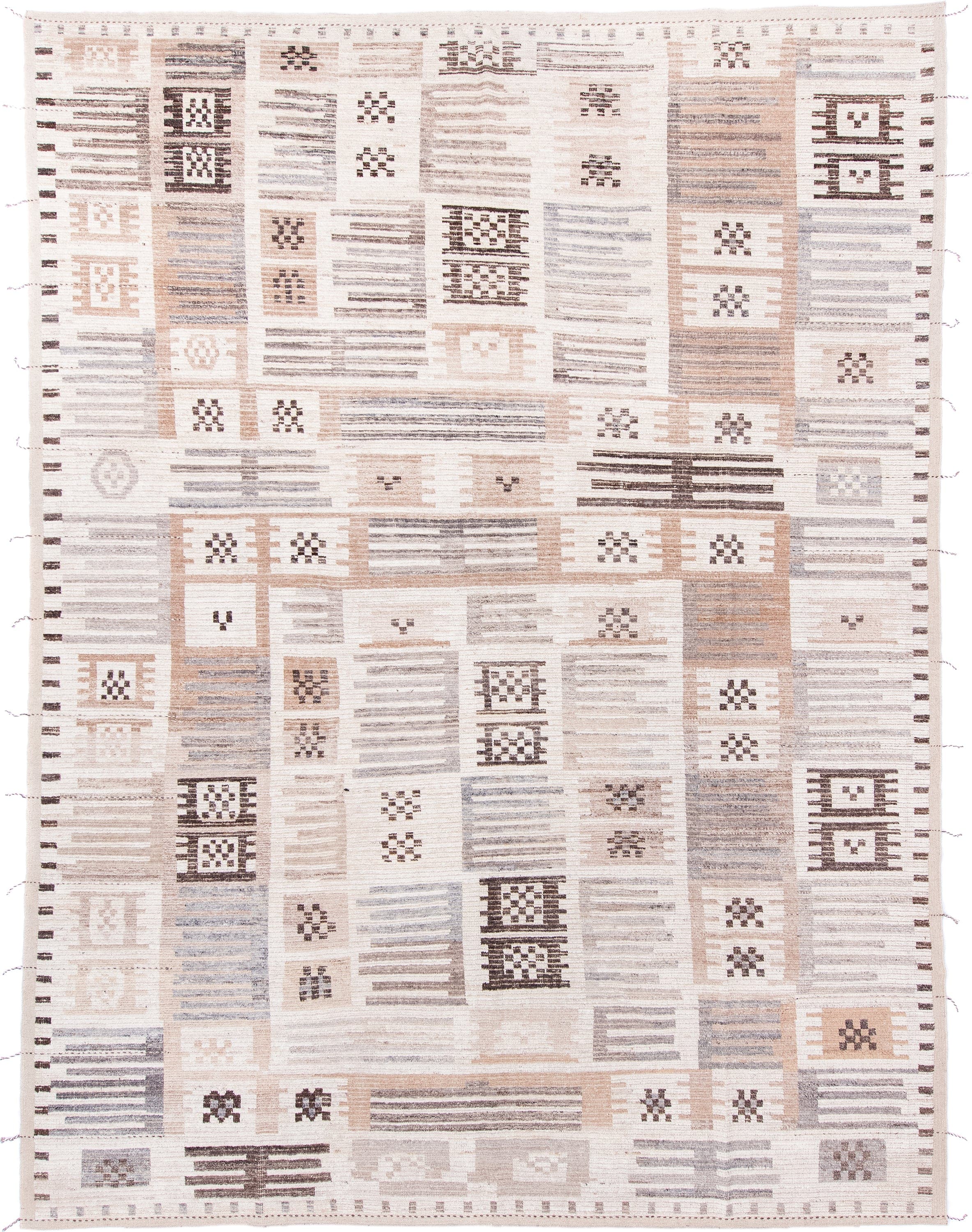 10' x 13' one-of-a-kind handmade vintage Tulu large size rug. Color palette: ivory, taupe, gray, blush, charcoal, cream