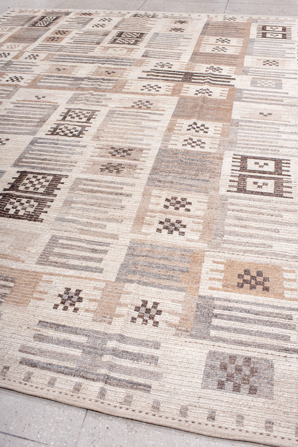 10' x 13' one-of-a-kind handmade vintage Tulu large size rug. Color palette: ivory, taupe, gray, blush, charcoal, cream