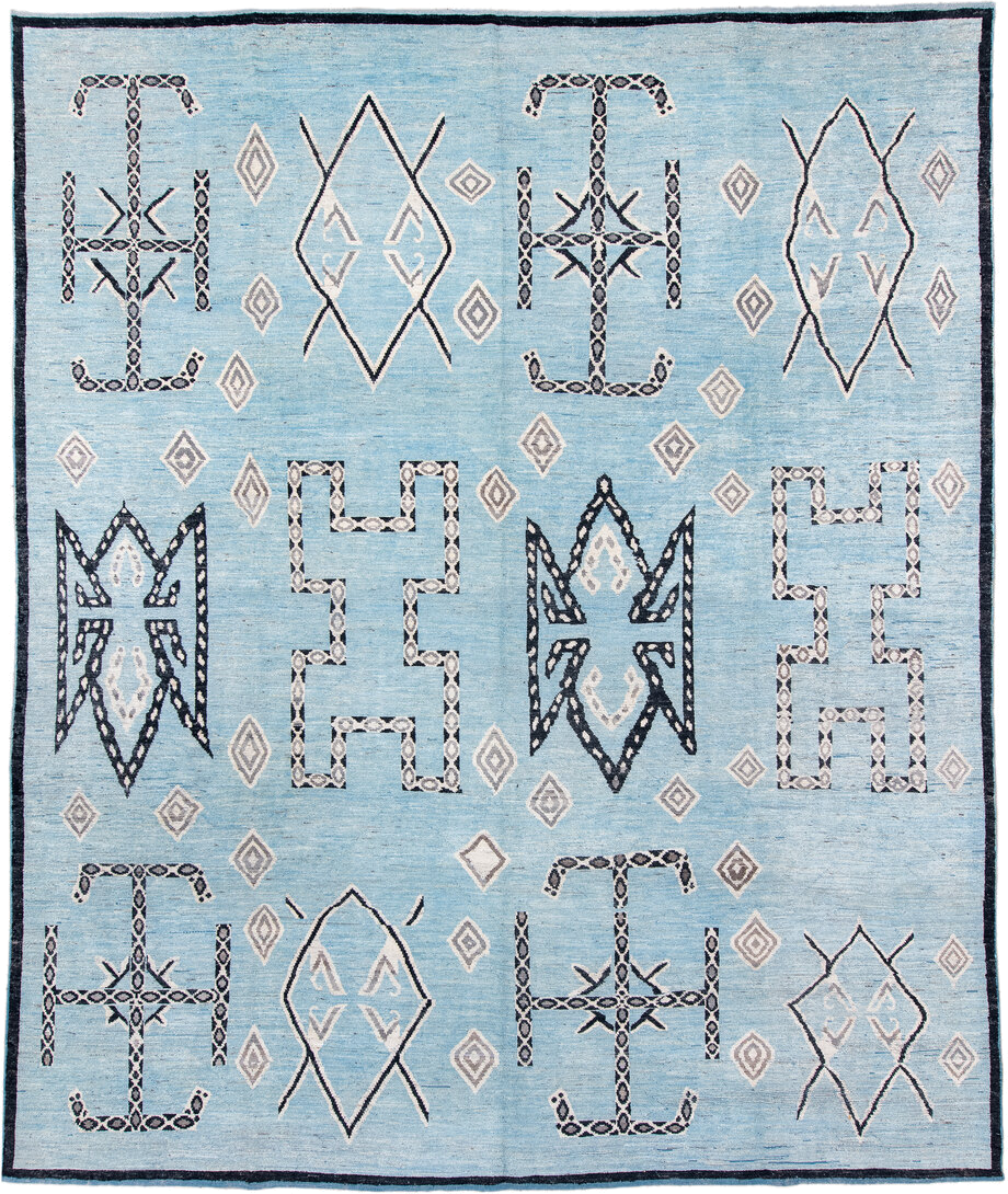 12' x 14' one-of-a-kind handmade vintage Tulu oversize rug. Color palette: sky blue, charcoal, ivory, slate, light blue
