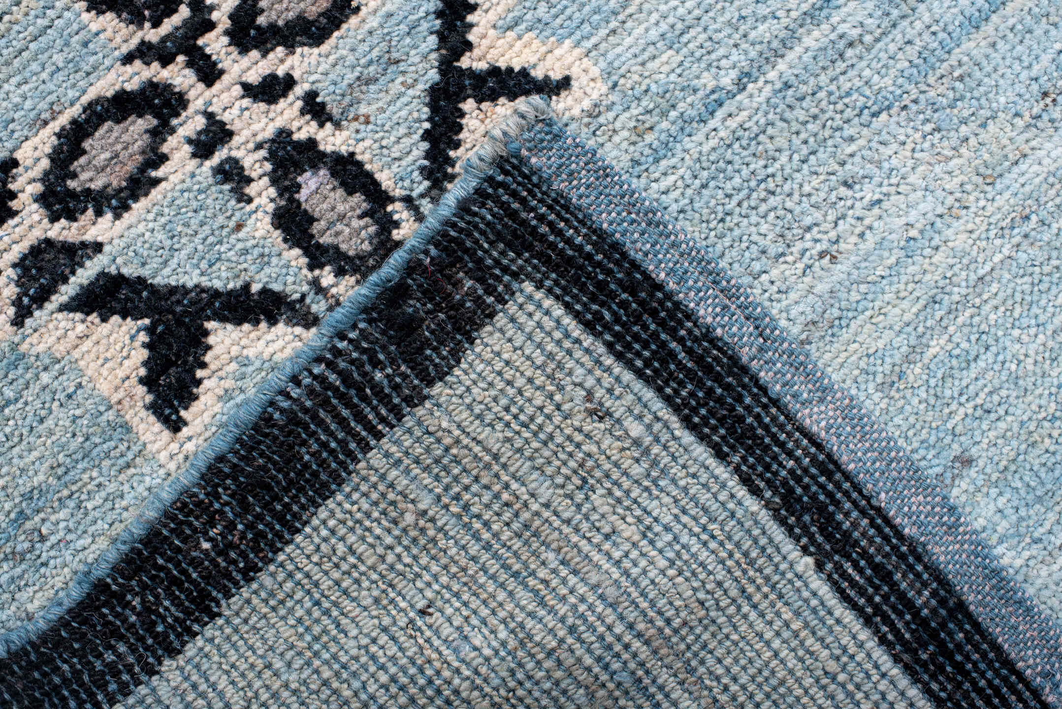 12' x 14' one-of-a-kind handmade vintage Tulu oversize rug. Color palette: black, blue, dark gray, gainsboro, gray