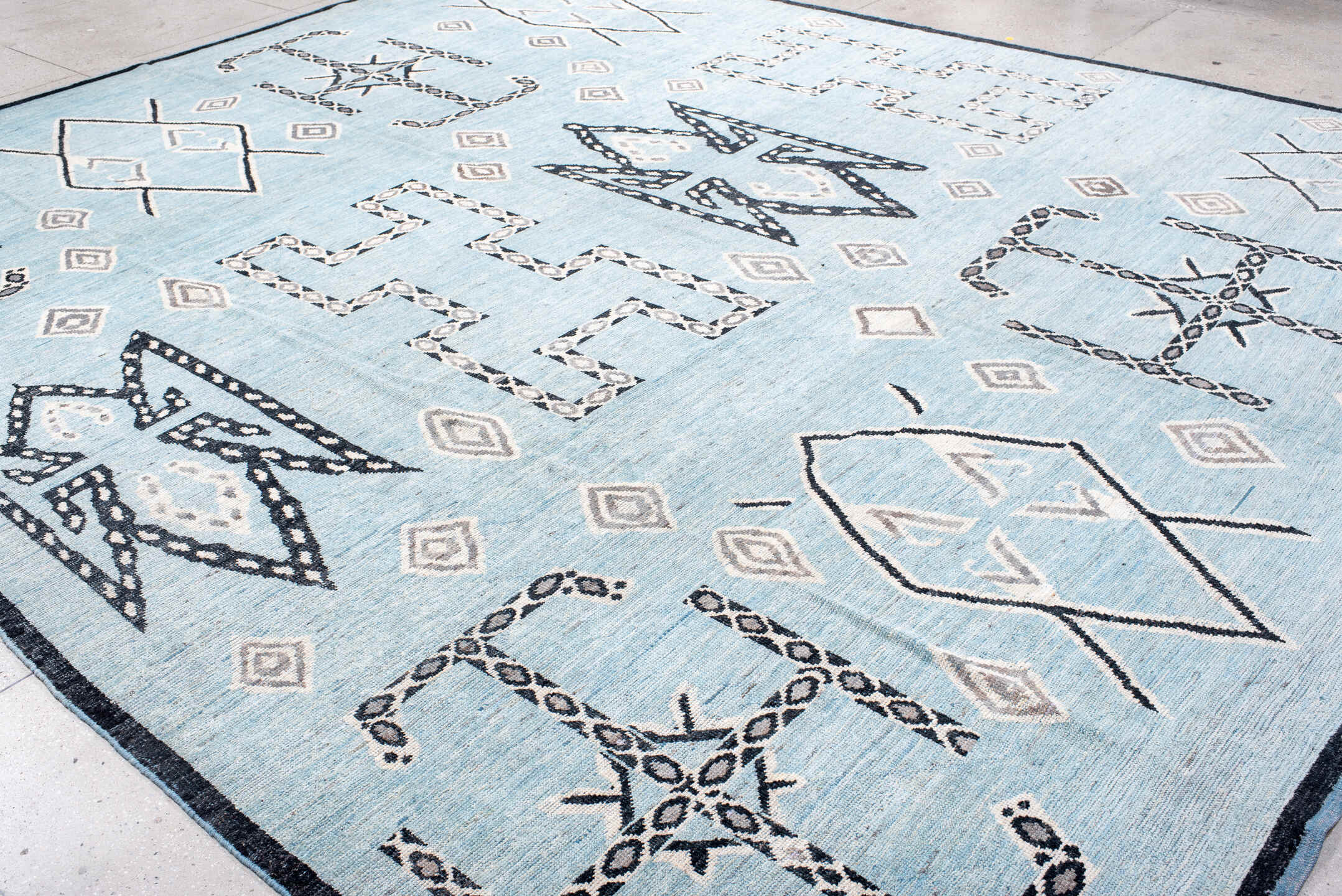 12' x 14' one-of-a-kind handmade vintage Tulu oversize rug. Color palette: black, blue, dark gray, gainsboro, gray