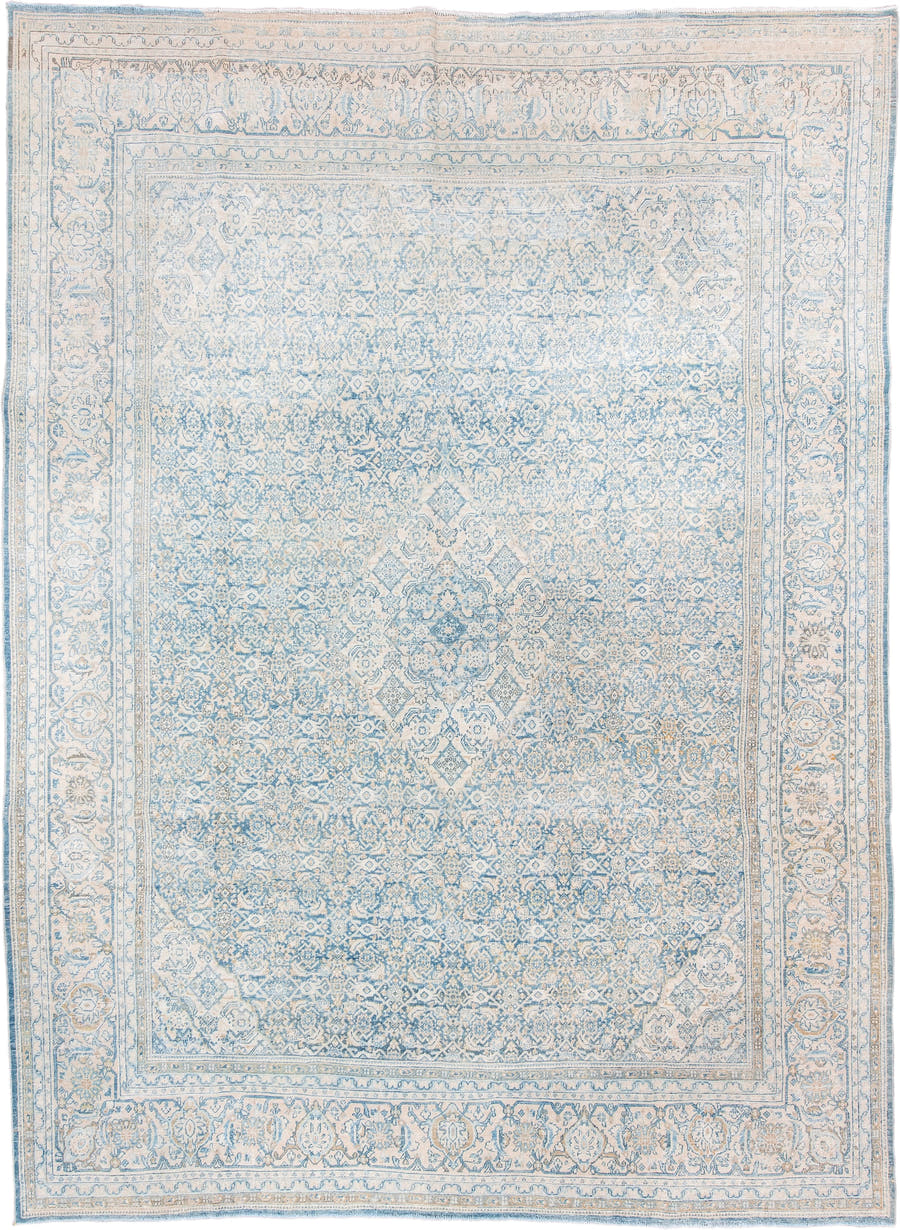 9' x 12' one-of-a-kind handmade antique Tabriz large size rug. Color palette: ivory, sky blue, pale blue, beige, cream