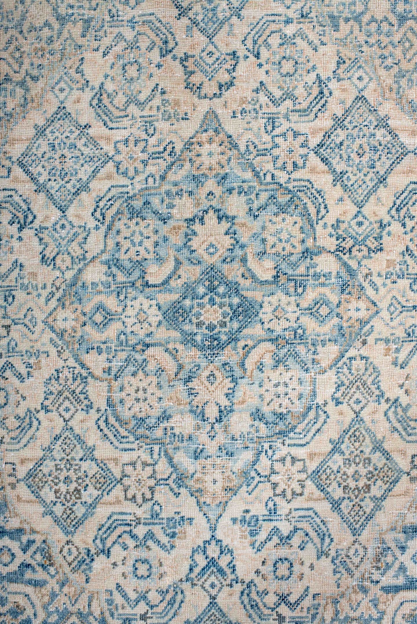 9' x 12' one-of-a-kind handmade antique Tabriz large size rug. Color palette: ivory, sky blue, pale blue, beige, cream