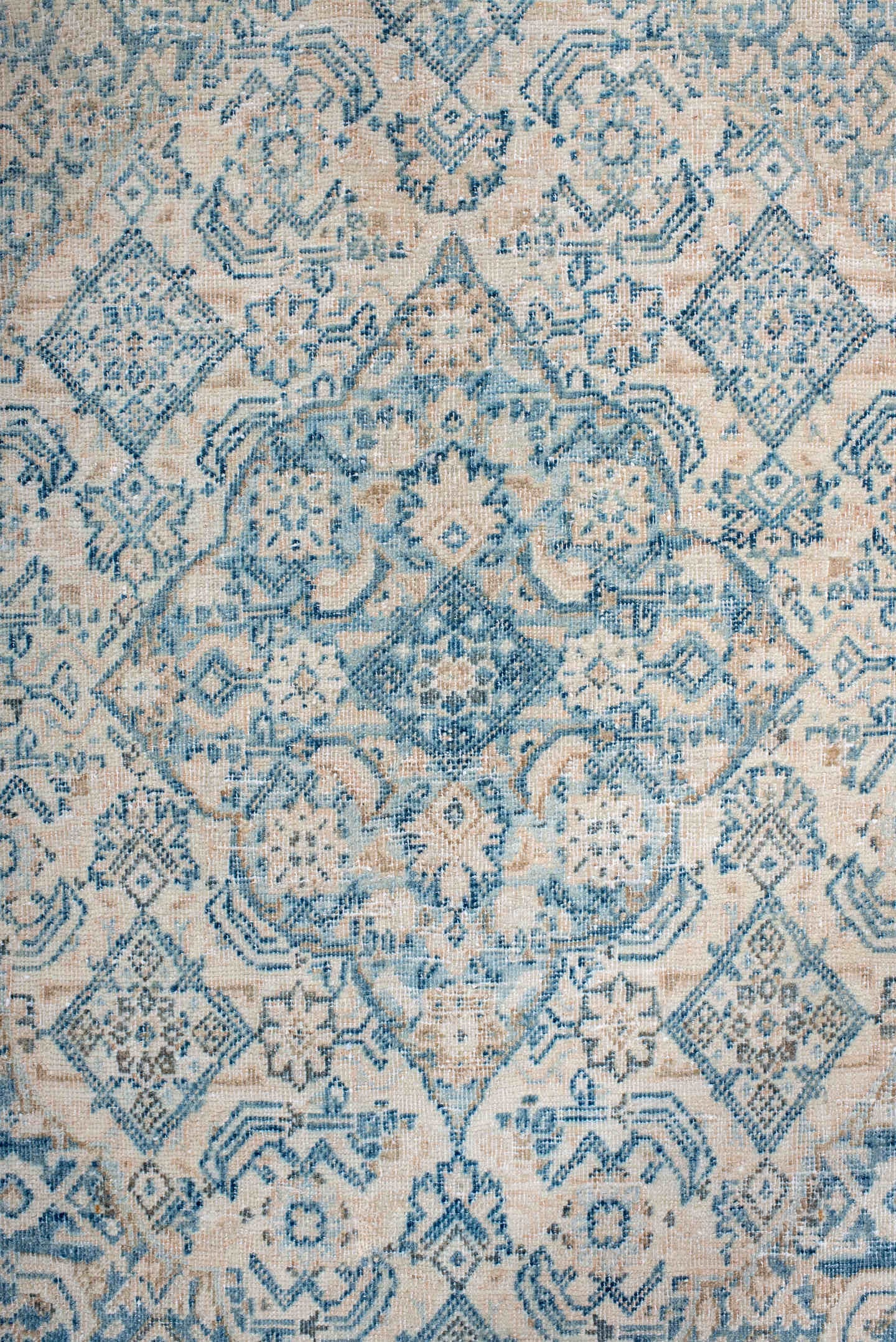 9' x 12' one-of-a-kind handmade antique Tabriz large size rug. Color palette: ivory, sky blue, pale blue, beige, cream