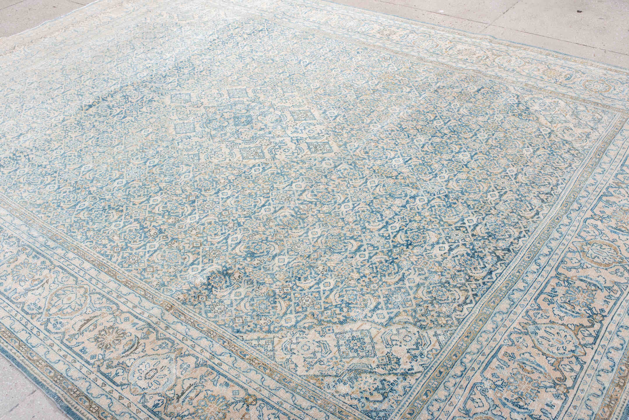 9' x 12' one-of-a-kind handmade antique Tabriz large size rug. Color palette: ivory, sky blue, pale blue, beige, cream