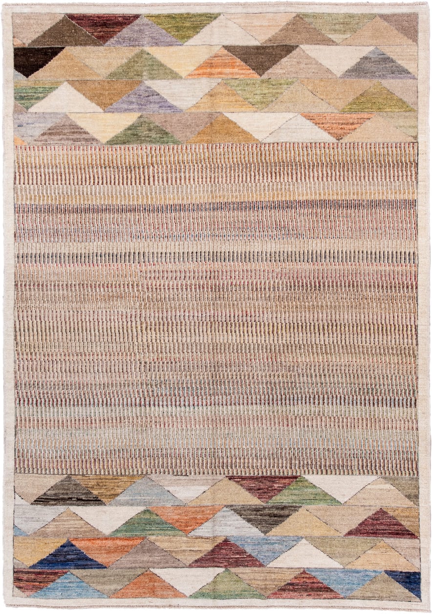 6' x 8' one-of-a-kind handmade handmade Contemporary medium size rug. Color palette: ivory, taupe, beige, sage, rust