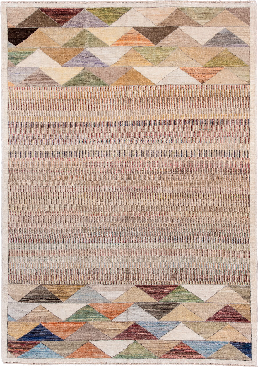 6' x 8' one-of-a-kind handmade vintage Contemporary medium size rug. Color palette: blue, brown, gray, light slate gray