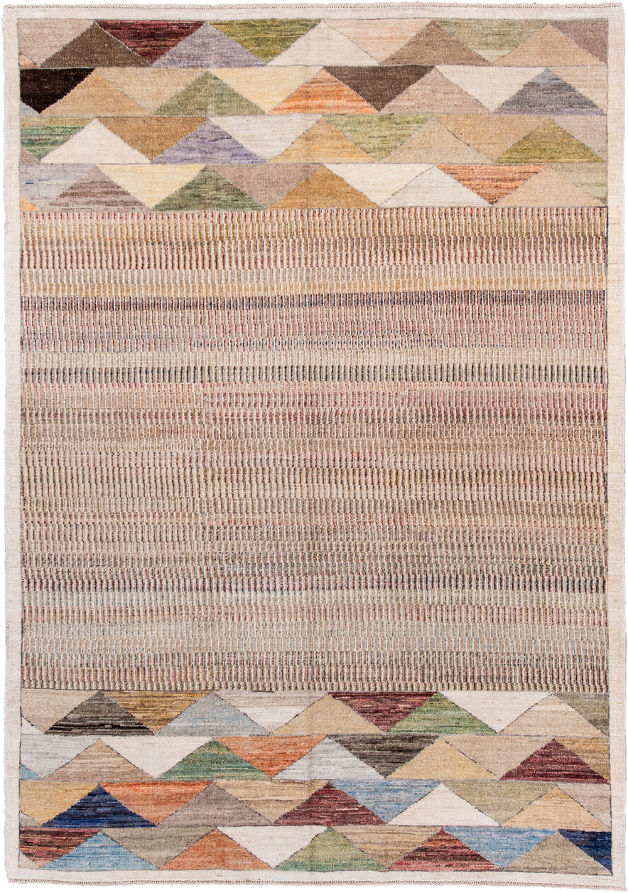 6' x 8' one-of-a-kind handmade handmade Contemporary medium size rug. Color palette: ivory, taupe, beige, sage, rust
