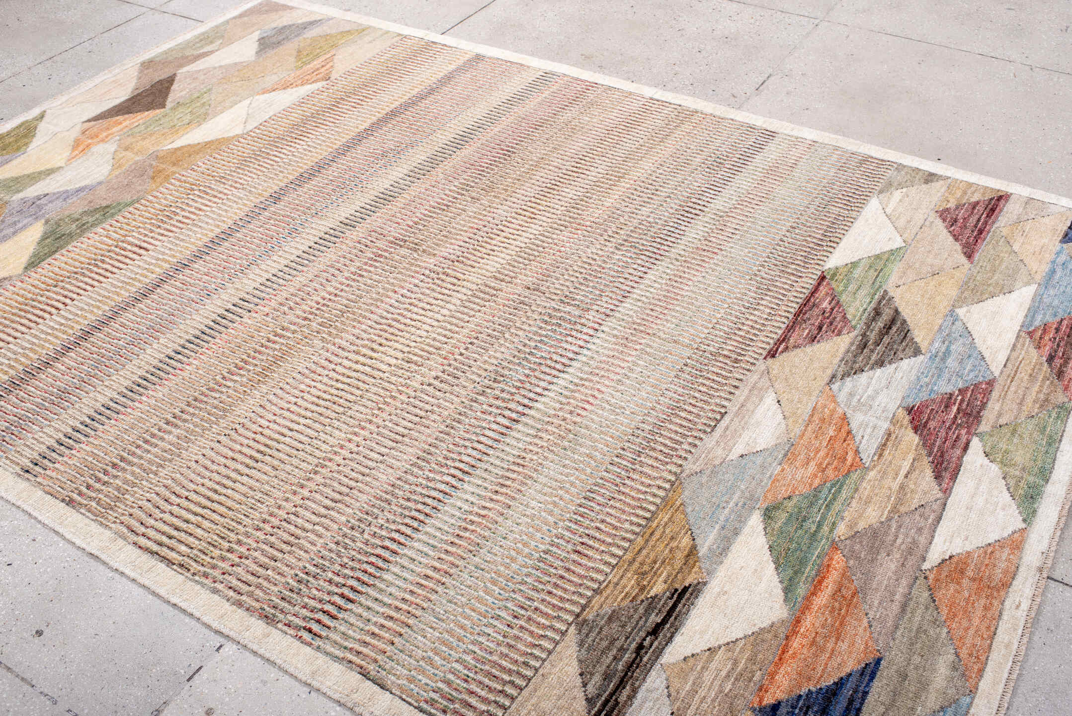 6' x 8' one-of-a-kind handmade vintage Contemporary medium size rug. Color palette: blue, brown, gray, light slate gray