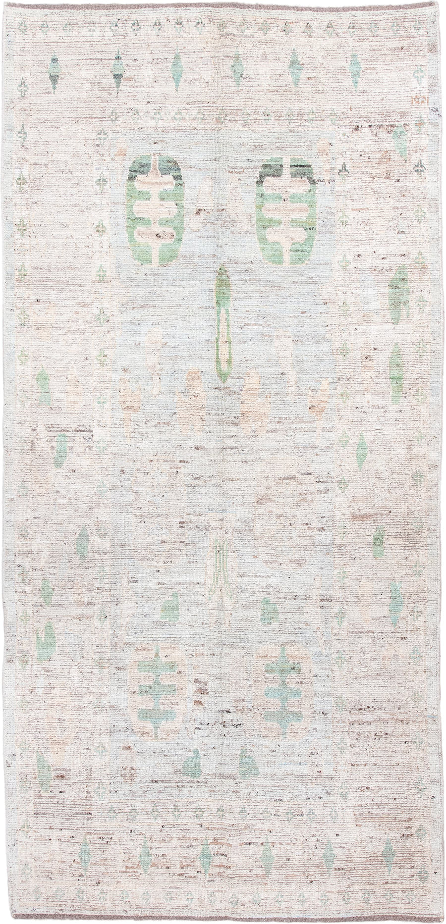 5' x 11' one-of-a-kind handmade vintage Oushak rug. Color palette: ivory, mint, blush, taupe, pale aqua, green, pink, beige