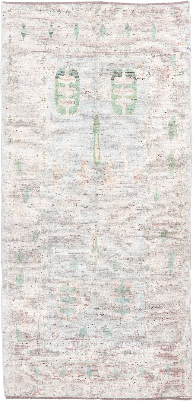 5' x 11' one-of-a-kind handmade vintage Oushak rug. Color palette: ivory, mint, blush, taupe, pale aqua, green, pink, beige