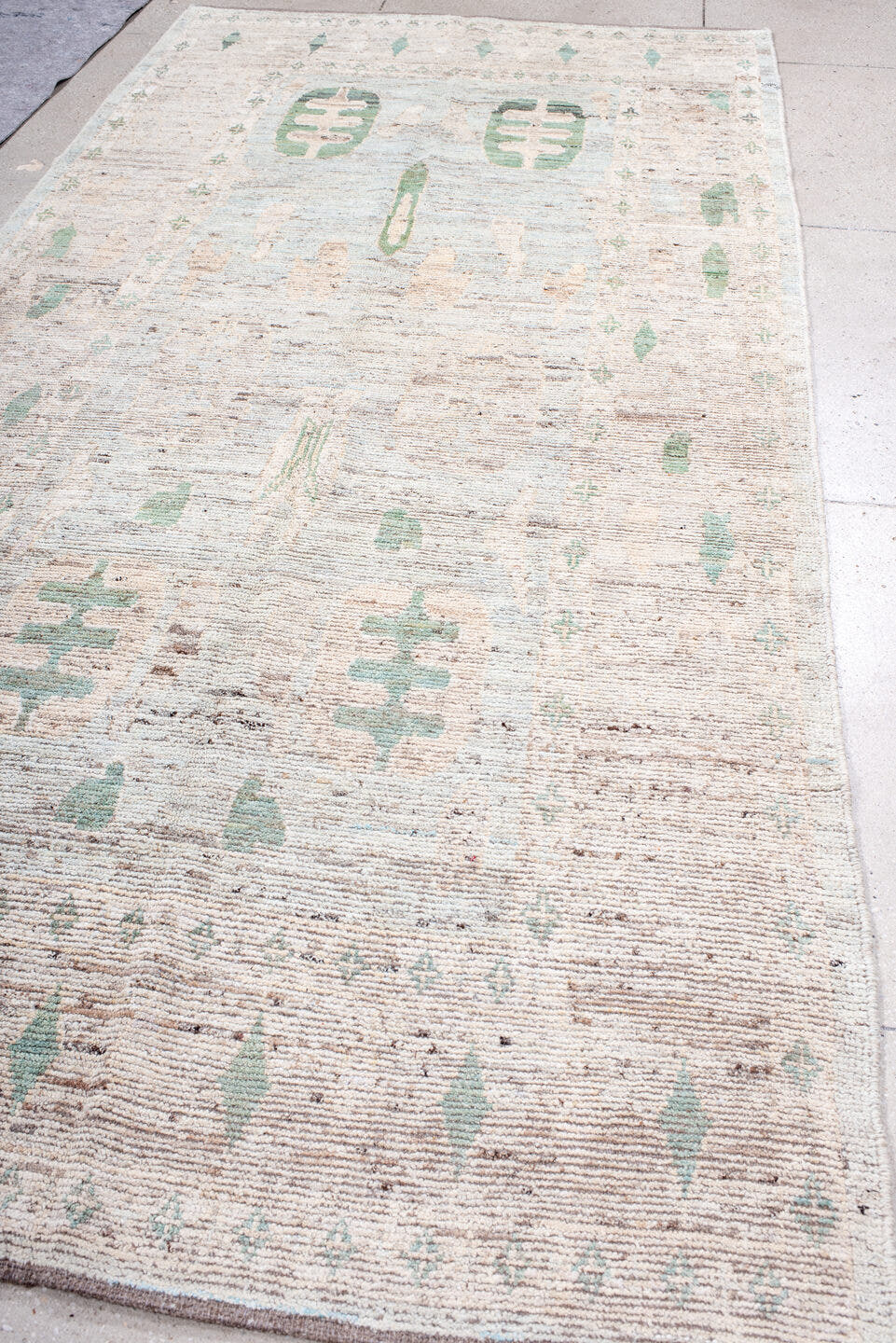 5' x 11' one-of-a-kind handmade vintage Oushak rug. Color palette: ivory, mint, blush, taupe, pale aqua, green, pink, beige