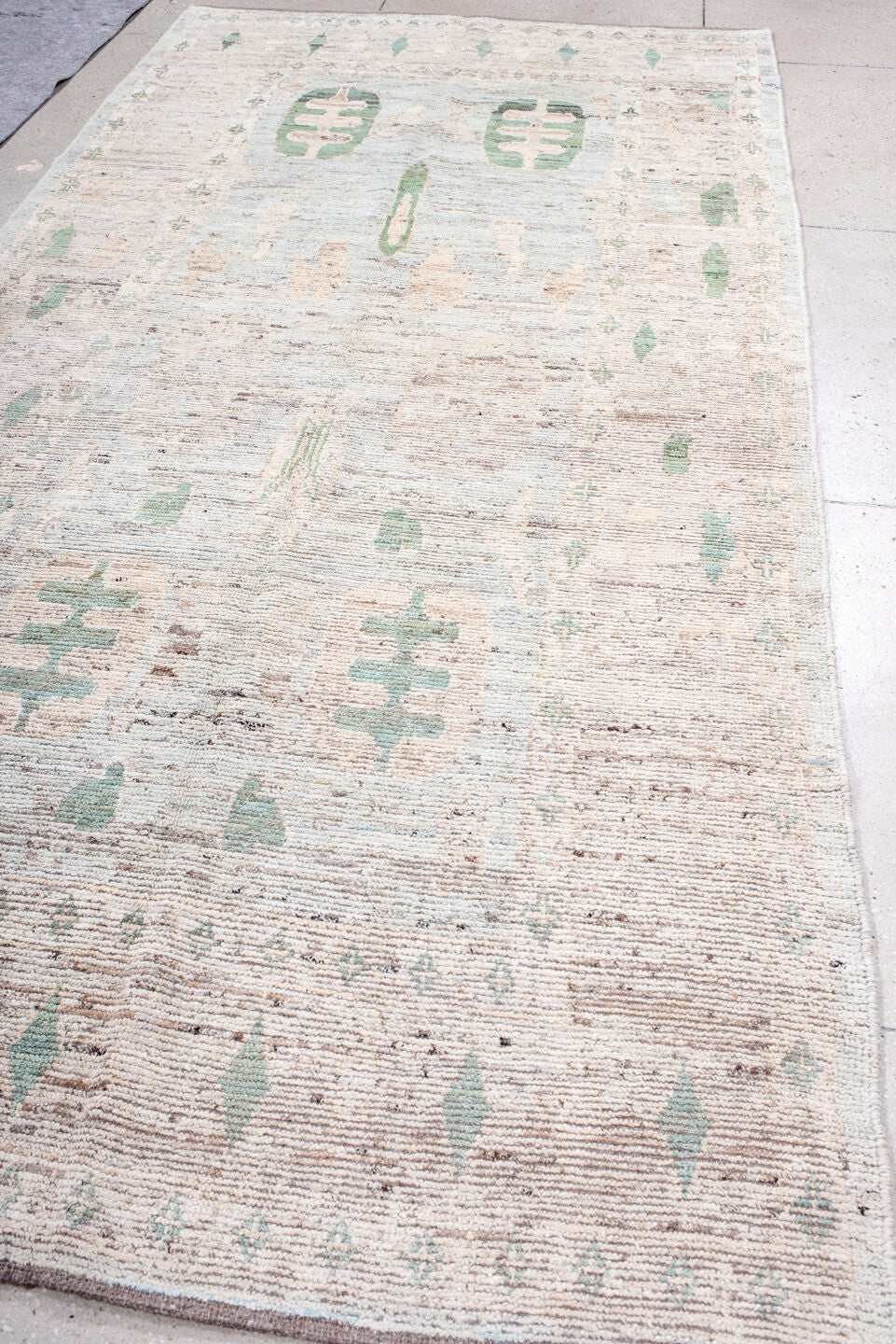 5' x 11' one-of-a-kind handmade vintage Oushak rug. Color palette: ivory, mint, blush, taupe, pale aqua, green, pink, beige