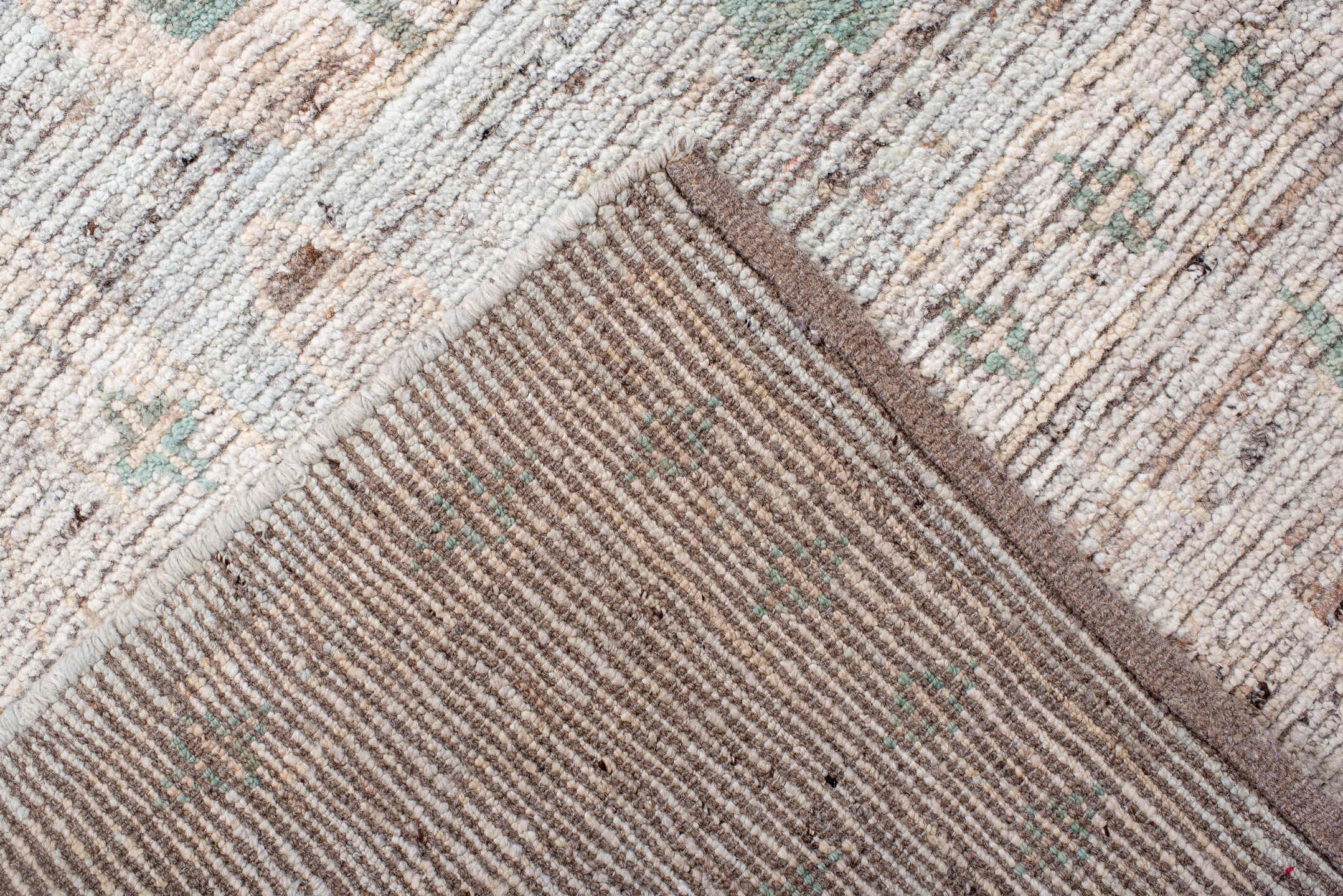 5' x 11' one-of-a-kind handmade vintage Oushak rug. Color palette: ivory, mint, blush, taupe, pale aqua, green, pink, beige