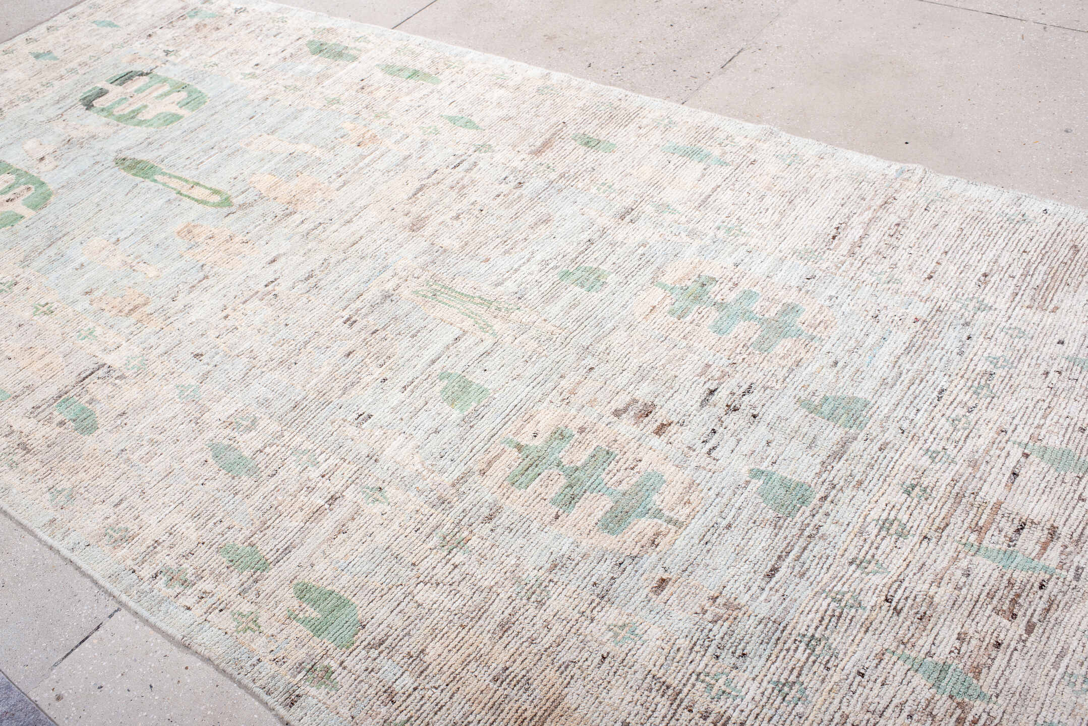 5' x 11' one-of-a-kind handmade vintage Oushak rug. Color palette: ivory, mint, blush, taupe, pale aqua, green, pink, beige