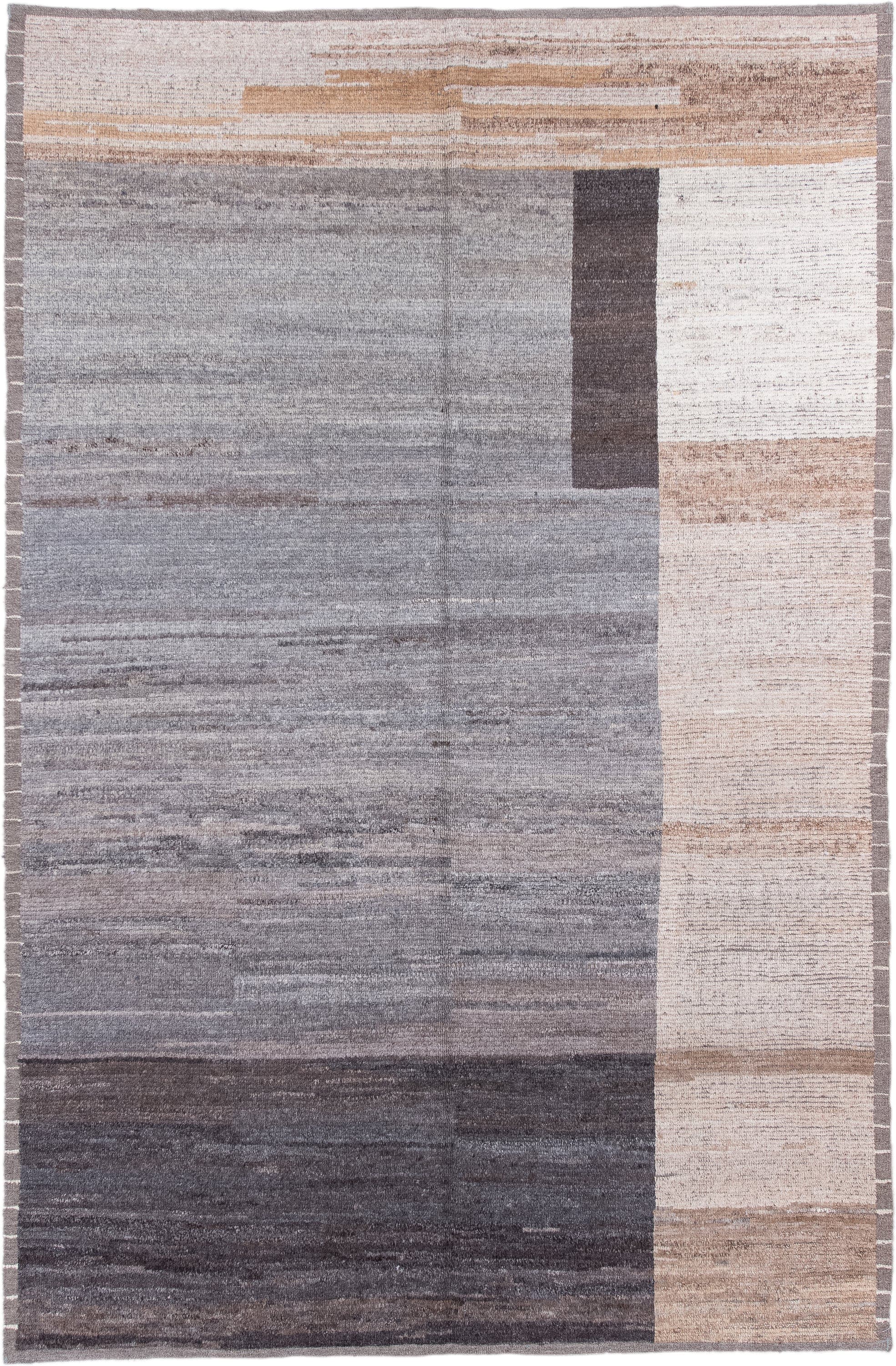 6' x 9' one-of-a-kind handmade vintage Tulu large size rug. Color palette: gray, ivory, taupe, charcoal, beige, brown, black