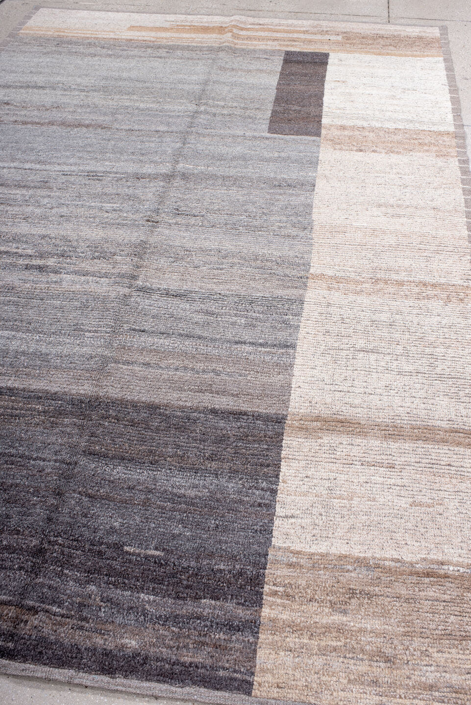 6' x 9' one-of-a-kind handmade vintage Tulu large size rug. Color palette: gray, ivory, taupe, charcoal, beige, brown, black